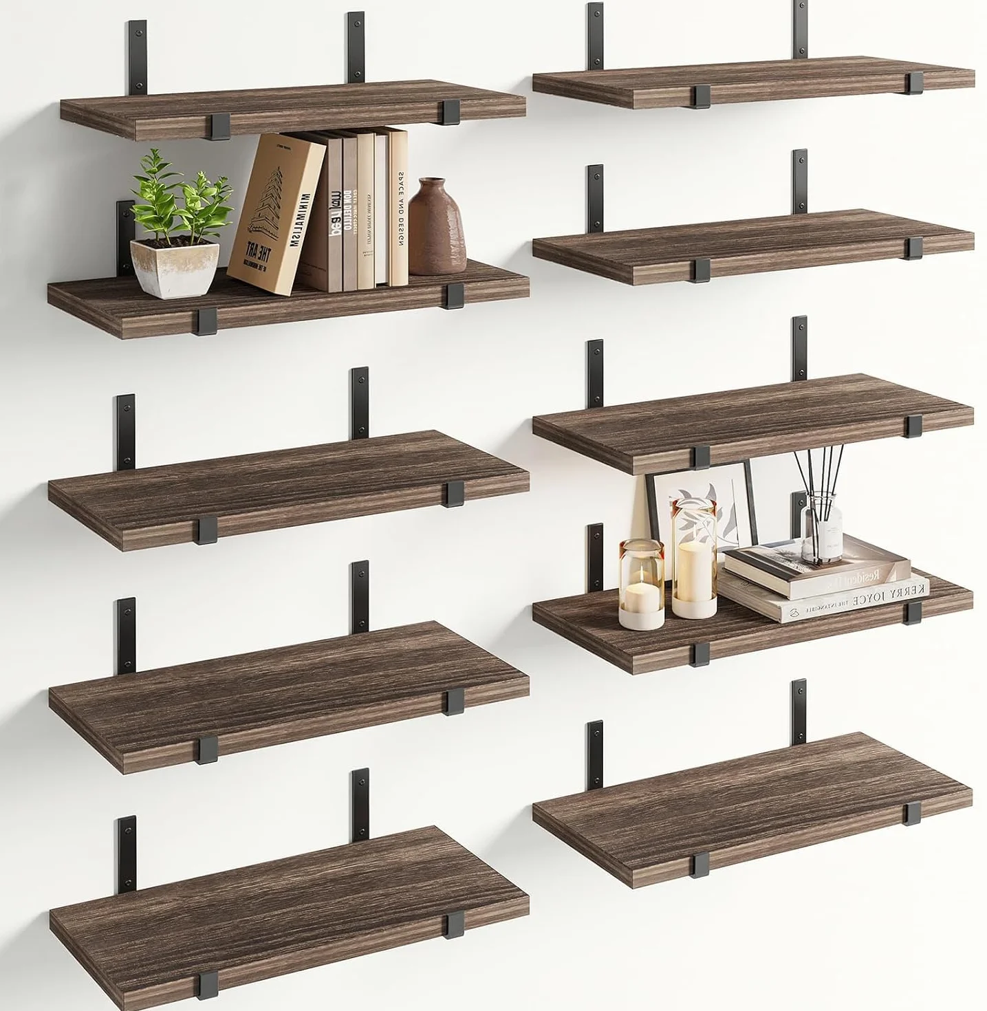 Mensole galleggianti da Parete in Legno 40 x 15 cm, Scaffali a Muro Multiuso con Staffe in Metallo, Set 10, Rovere