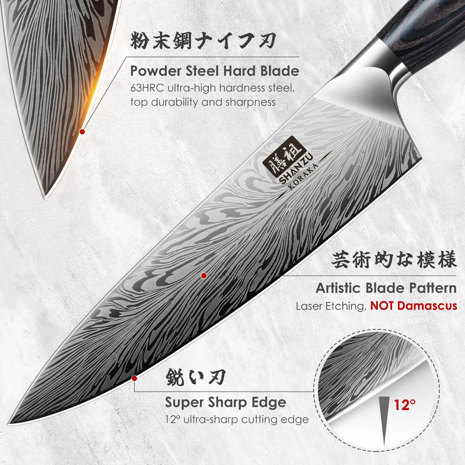 SHAN ZU Coltello da Chef in Acciaio a Polvere, Coltelli da Cucina Giapponese 20cm Professionali ad Alto Contenuto di Carbonio Ultra Affilato Coltello Multiuso con Manico Full Tang Pakkawood