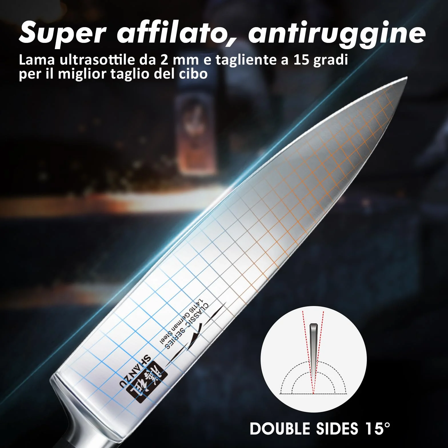 SHAN ZU Set di Coltelli da Cucina 3 Pezzi Acciaio Inox Ultra Affilati 20 cm 15 cm 9,5 cm