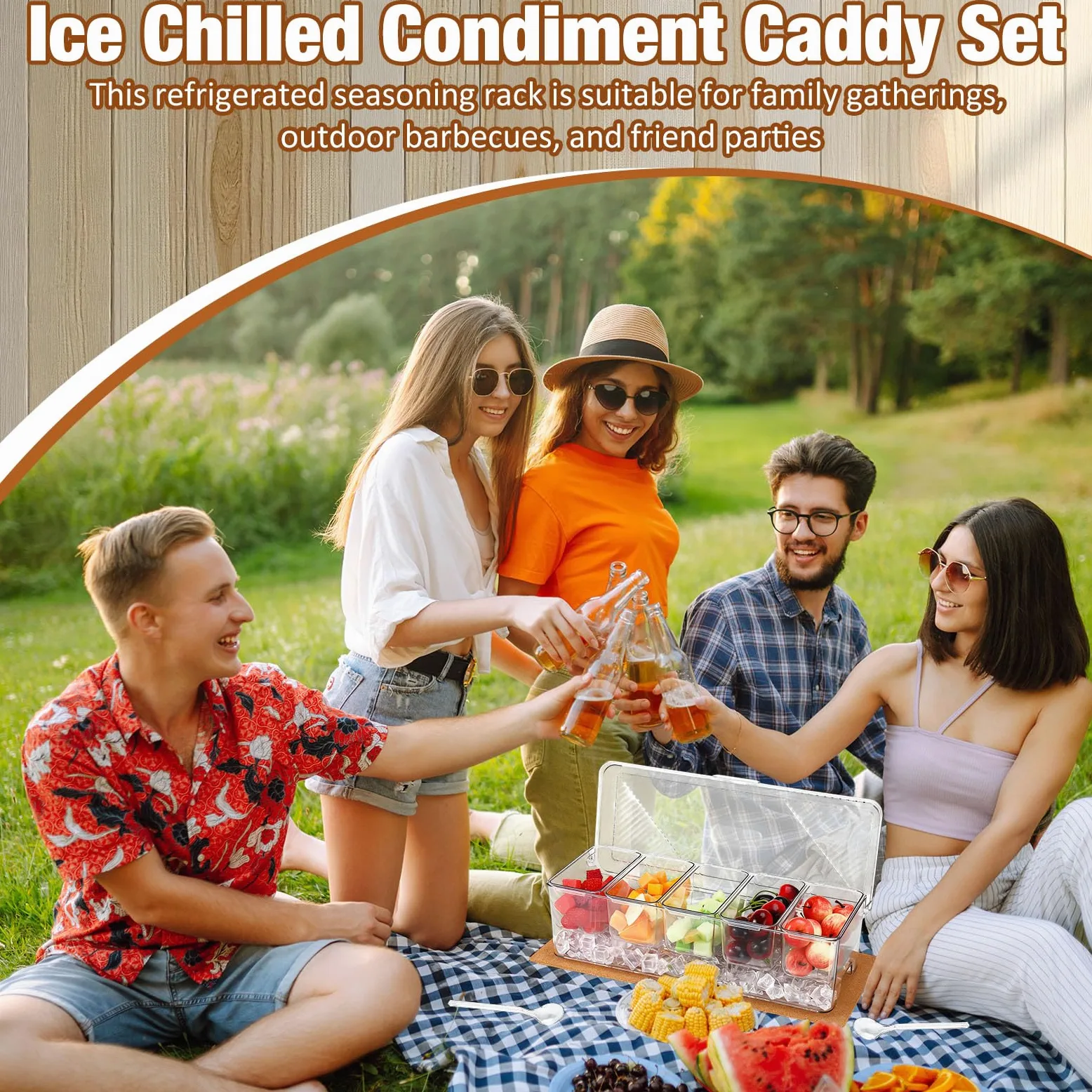 Sieral Set di 11 contenitori trasparenti per condimenti refrigerati con coperchio, tra cui 1 tampone in sughero, 5 cucchiai, 3 clip e adesivi per bar, frutta, insalata, taco e decorazioni per feste