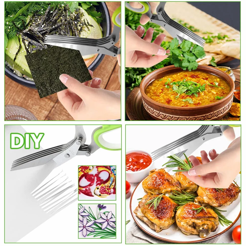 Forbici per Erbe Aromatiche, Forbici da Cucina a 5 Lame in Acciaio Inox con Manico Ergonomico, Forbici da Cucina con Pettine Pulizia per Tritare Basilico, Erba Cipollina, Origano, Rosmarino