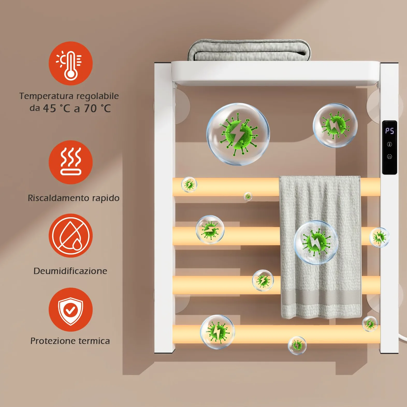 YU YUSING Scaldasalviette Elettrico Bagno 47x40x11cm, Termoarredo Bagno Intelligente con Un Ripiano, Asciugamani con Radiatore da Parete, Portasciugamani, 72W, Display LED, Touch Contro, Bianco