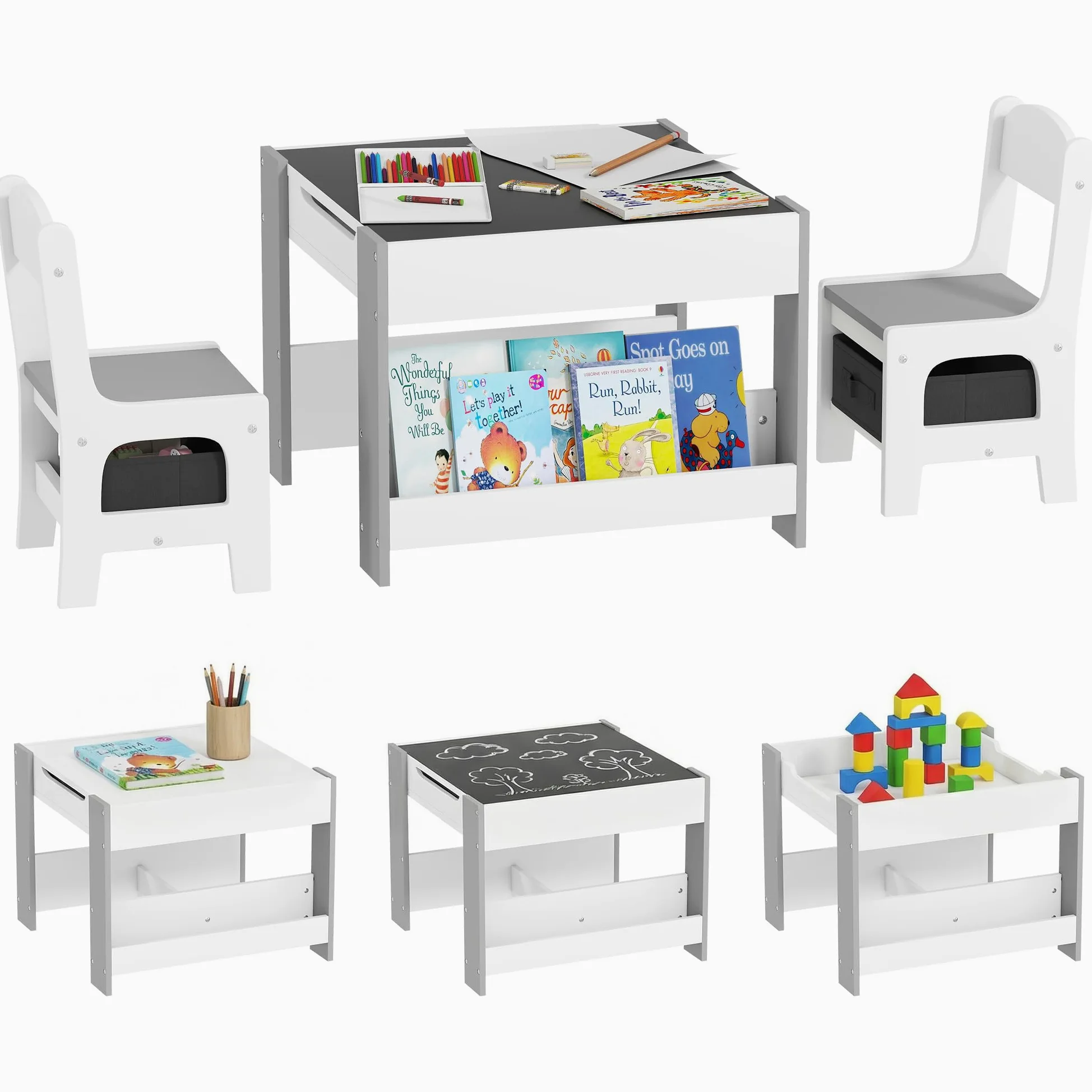 HOMCOM Set Tavolino per Bambini e 2 Sedie, Piano del Tavolo 3 in 1 con Lavagna, Contenitori e Vano Libreria, Grigio