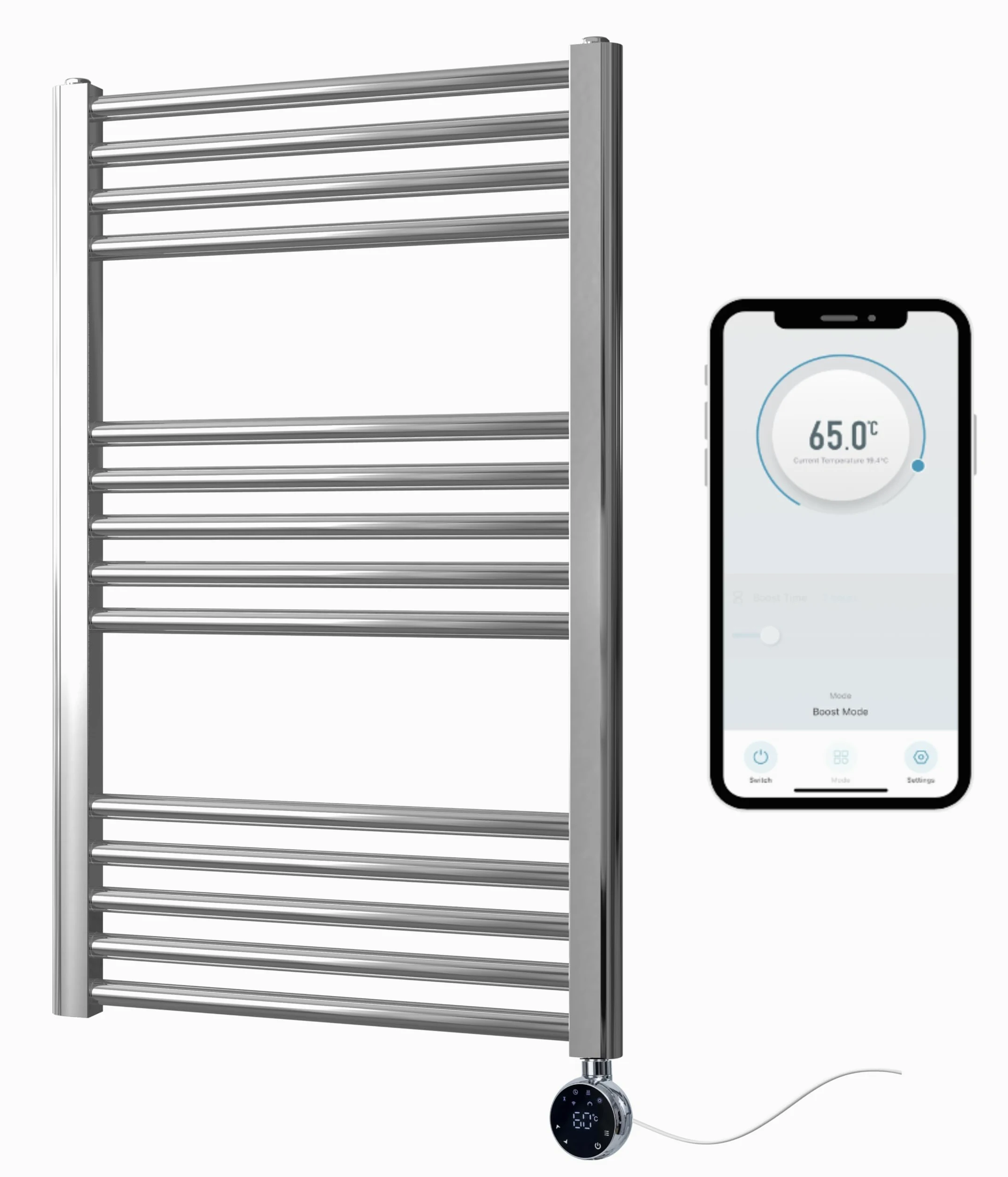 Termosifone elettrico cromato Smart WiFi controllato, 500 mm x 800 mm, riscaldamento, barre piatte, timer programmabile 7 giorni, compatibilità con app