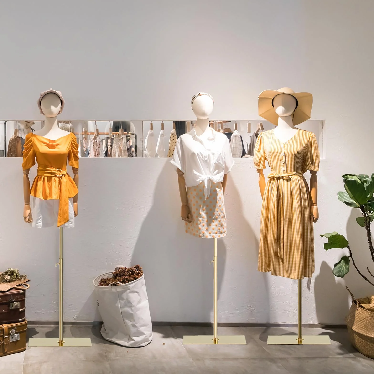 Manichino femminile a forma di busto, corpo manichino con testa staccabile, mani in legno e supporto regolabile in altezza dorato, per esposizione di gioielli, beige (oro)