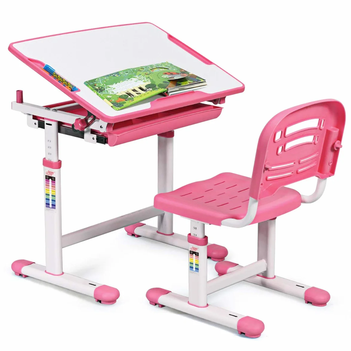 COSTWAY Set Sedia e Scrivania per Bambini Altezza e Angolo Regolabile e Multifunzionale Confortevole Apprendimento Colori Disponibili: Blu/grigio/rosa (ROSA)