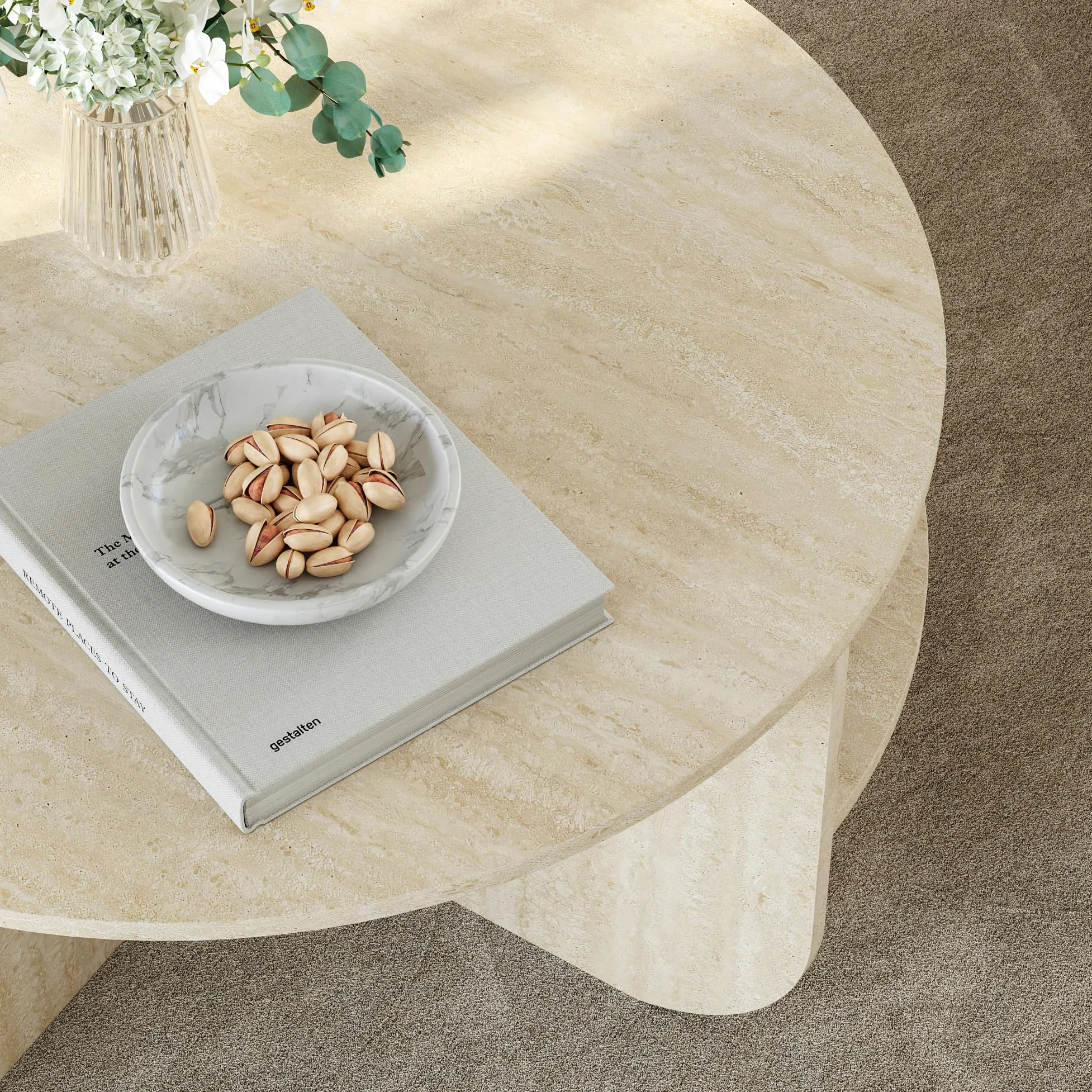 [en.casa] Tavolino Centrale da Salotto Tavolo Basso Rotondo con Ripiano Tavolino da caffè per Soggiorno Area Living Ø80 x 41 cm Color Avorio Travertin
