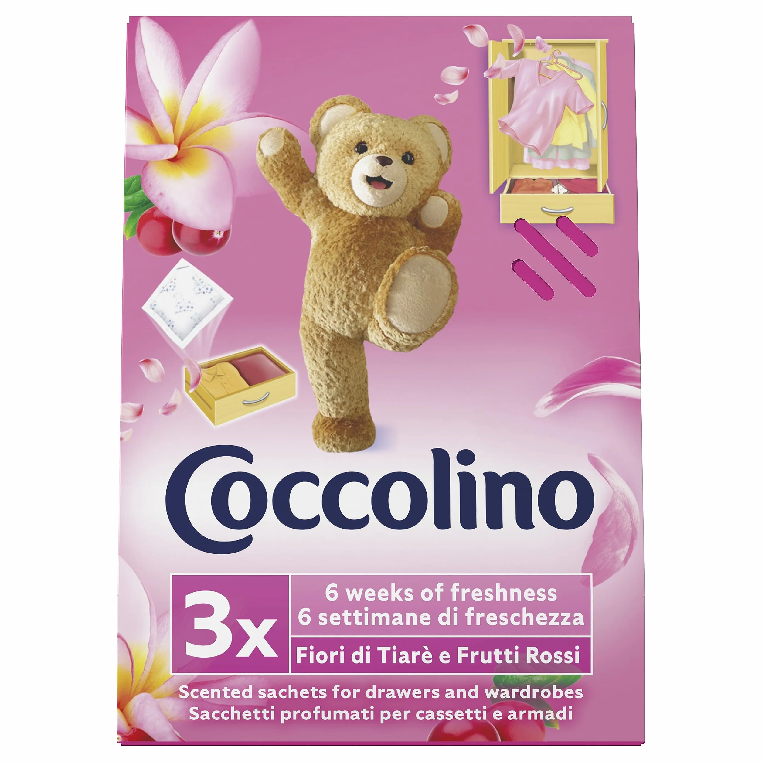 Coccolino Profuma Biancheria, 3 Sacchetti per Ogni Confezione di Fragranze Assortite, Profumo Primavera, Fiori di Tiarè & Frutti Rossi, Ylang Ylang, Confezione da 12 per un Totale di 36 Sacchettini