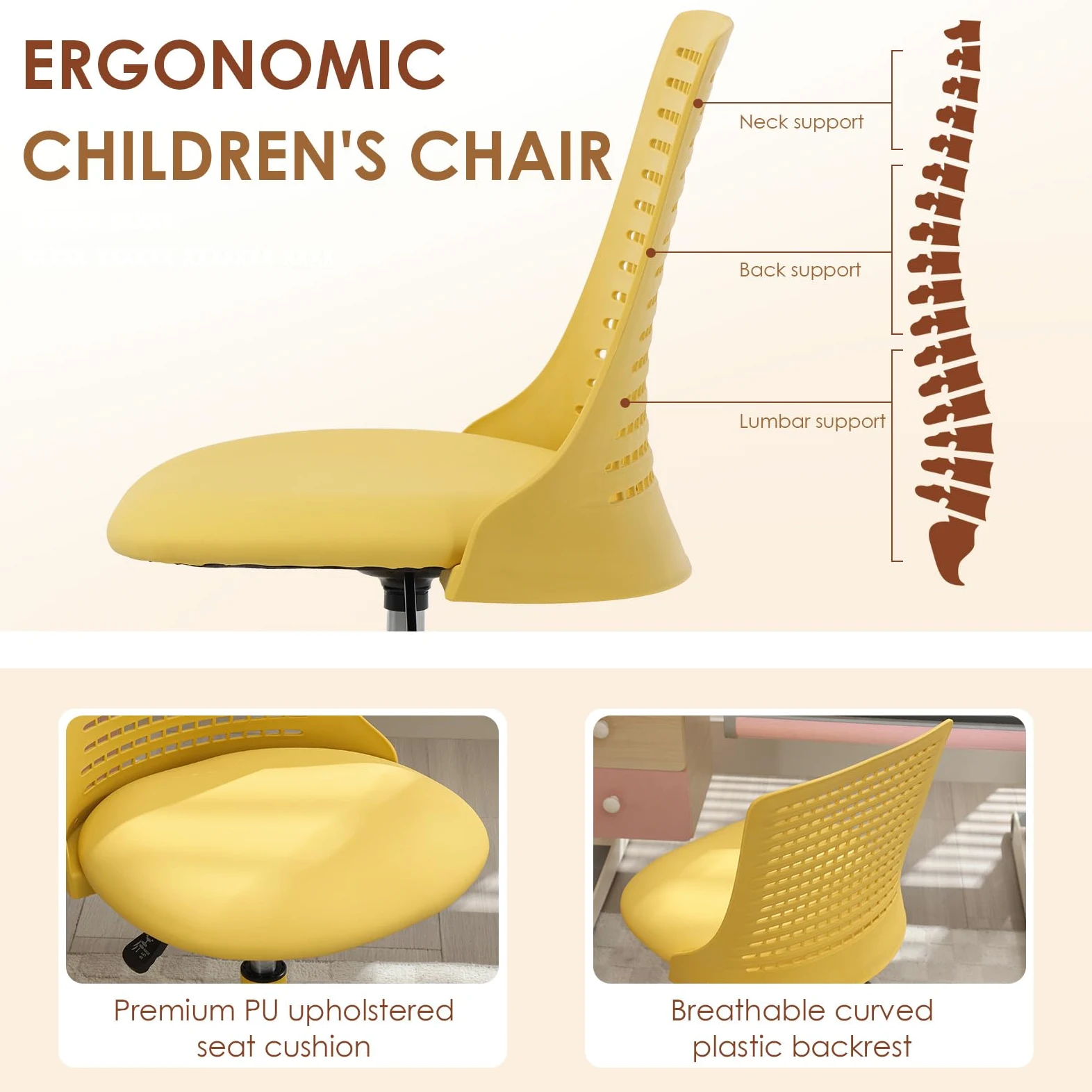 Ya-Home Sedia da Scrivania per Bambini Sedia Girevole Regolabile in Altezza Sedia Studio Bambina senza Braccioli Sedia Gioco Bambino con Schienale Sedia Bambini con Poggiapiedi per Cameretta, Giallo