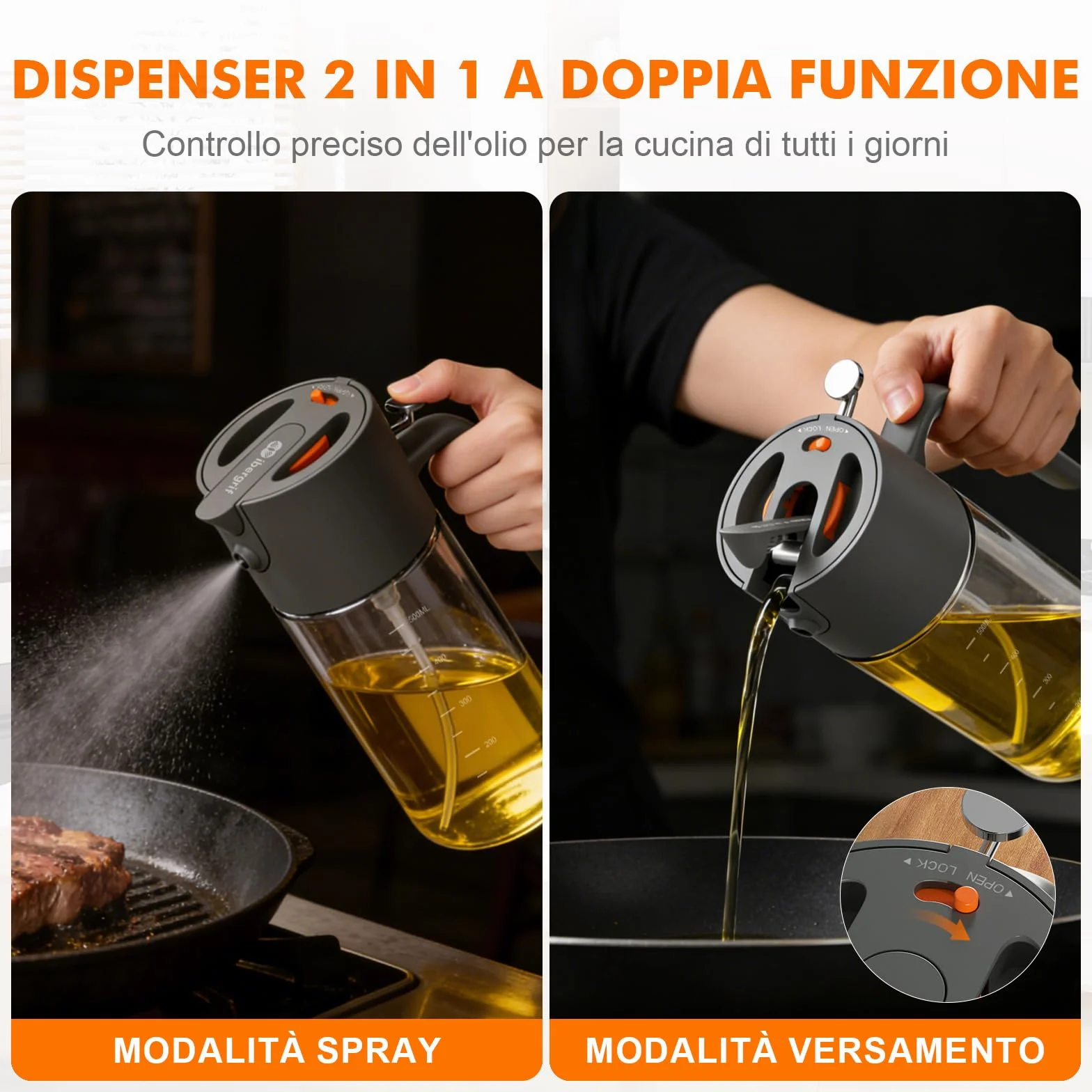 Ibergrif Spruzzatore Olio 2 in 1 500ml, Bottiglia Vetro Borosilicato Antigoccia per Friggitrice Aria