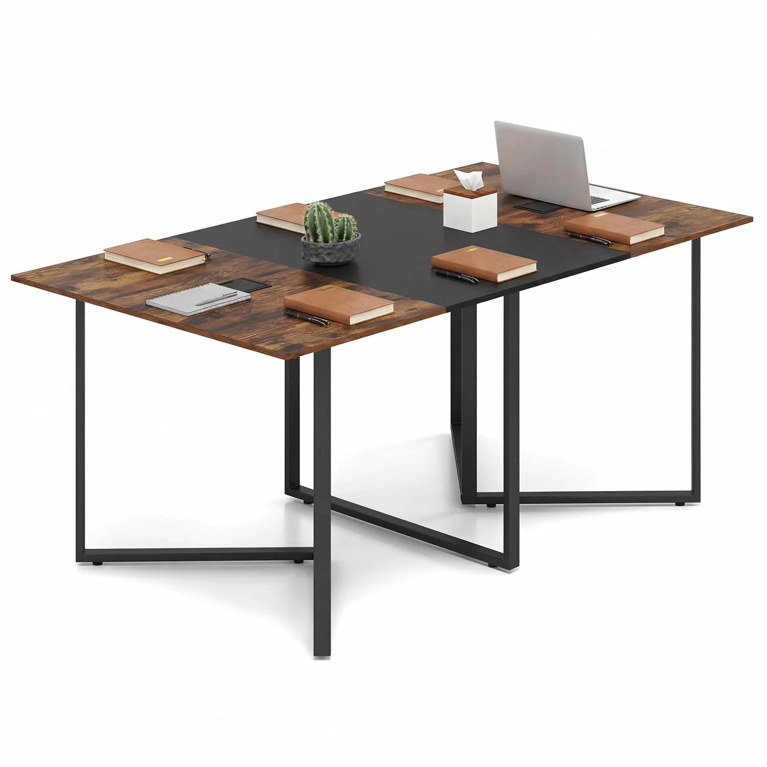 COSTWAY Tavolo da Conferenza 180 x 100 cm, Tavolo Riunioni Grande per 6-8 Persone, Postazione da Lavoro Stile Industriale con 2 Passacavi per Ufficio e Sala Riunioni