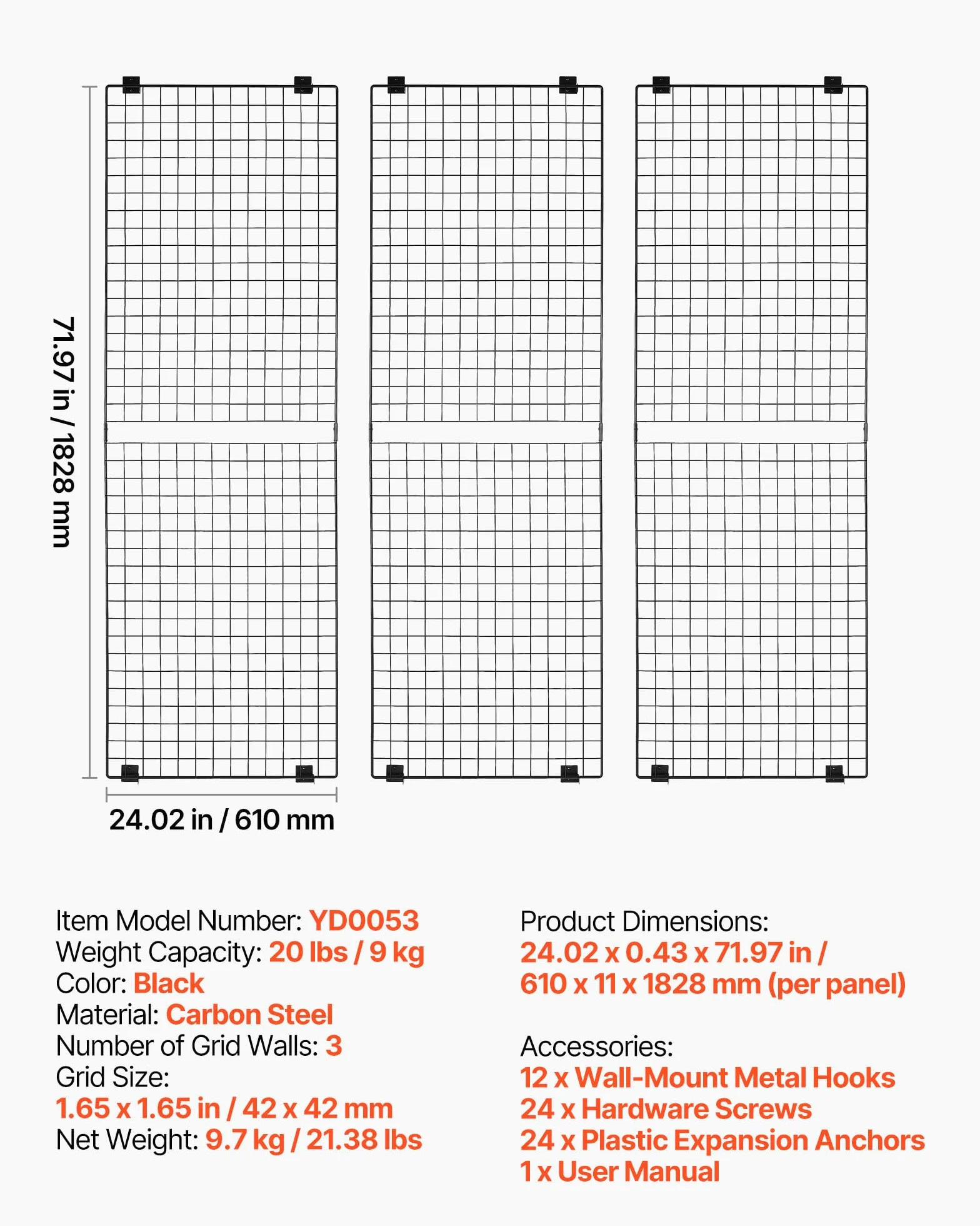 VEVOR Parete da Pannello a Griglia 610 x 11 x 1828 mm 3 pezzi Pannello a Griglia Esposizione Artistica da Parete in Acciaio al Carbonio, Bacheca per Foto da Parete per Decorazioni, Nero