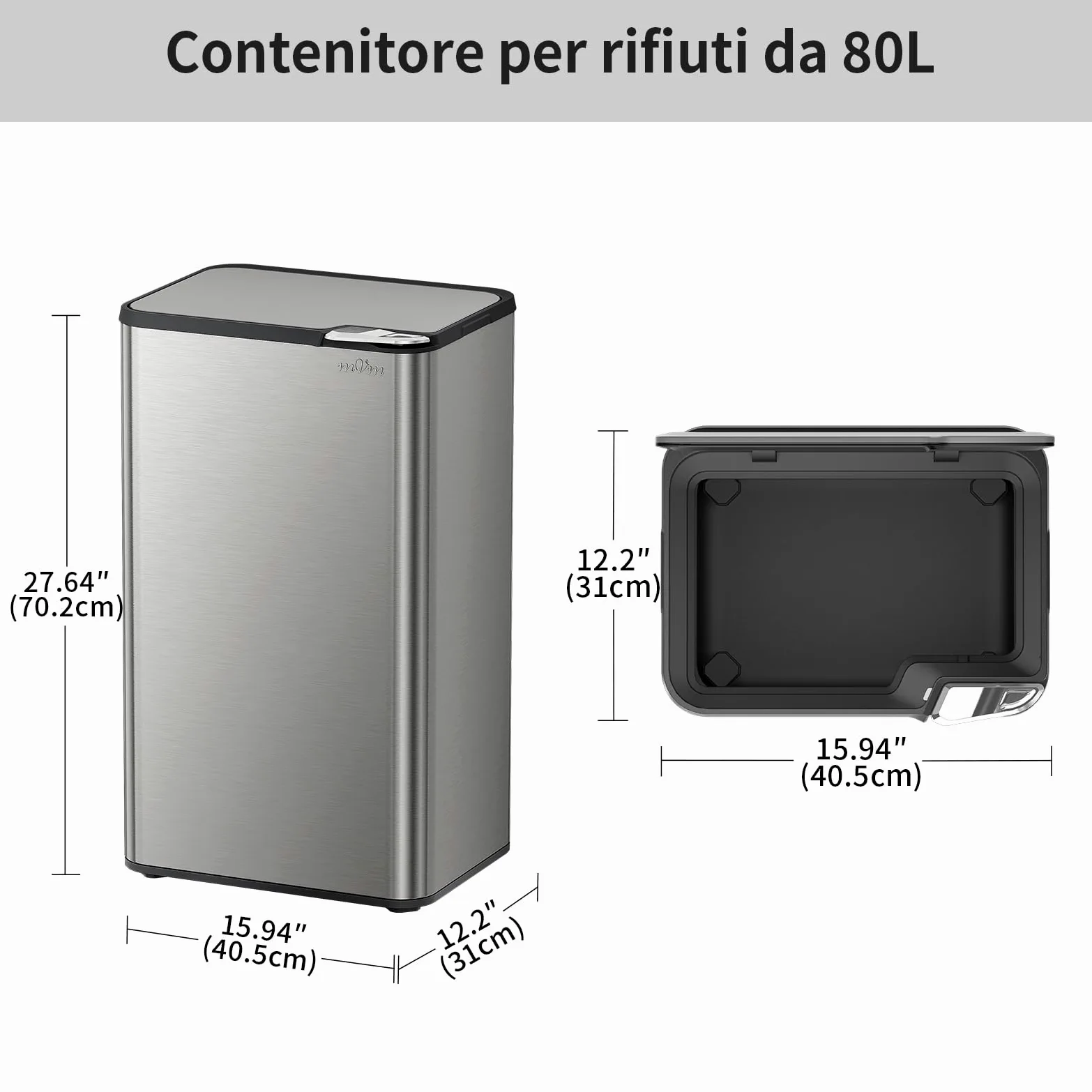 mVm Pattumiera da Cucina a Pressione Manuale 80 L, Cestino della Spazzatura Nero in Acciaio Inossidabile Antimpronte, Chiusura Ammortizzata