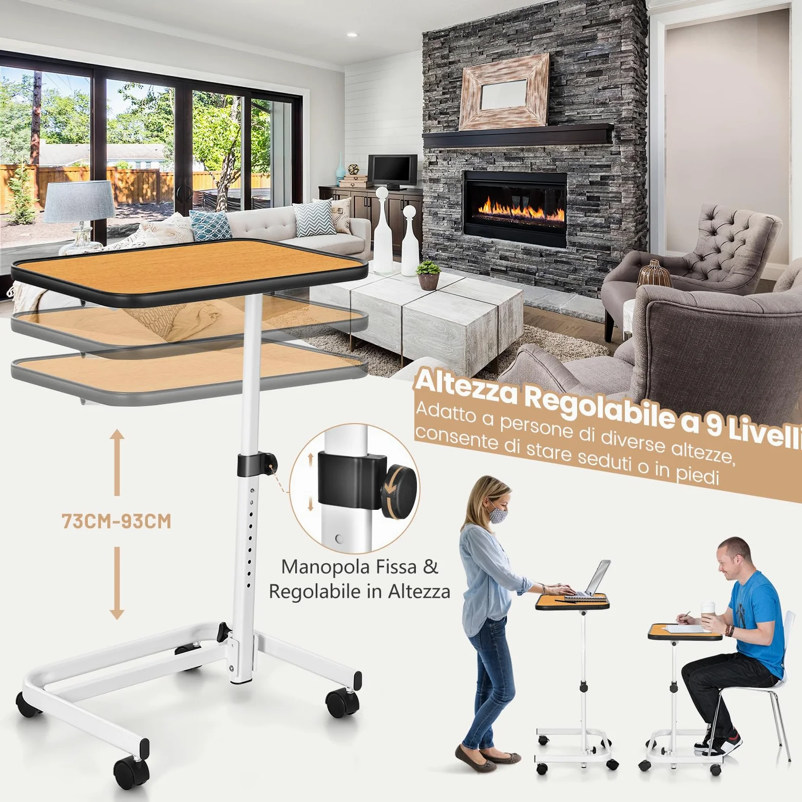 COSTWAY Tavolino da Letto e Divano con Ruote Bloccabili, Tavolino Porta PC con Altezza Regolabile in 9 Posizioni e Piano Inclinabile, Tavolino Servitore Letto per Mangiare e Lavorare (Legno)