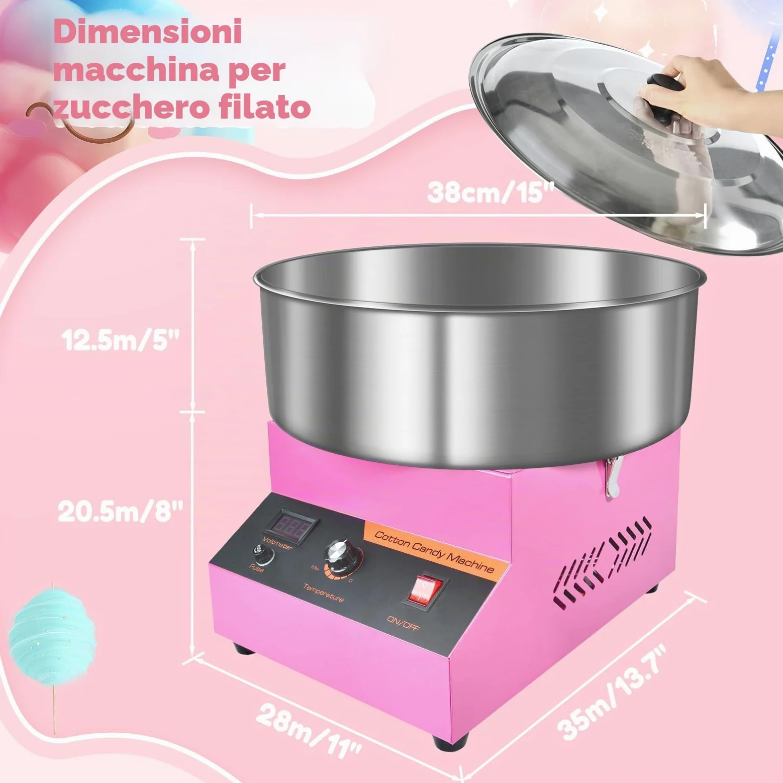 Macchina Zucchero Filato Professionale, 1000W Macchina per Zucchero Filato Grande da Banco - con Ciotola in Acciaio Inossidabile, Temperatura Regolabile, per Bambini, Casa, Compleanno, Feste (Rosa)
