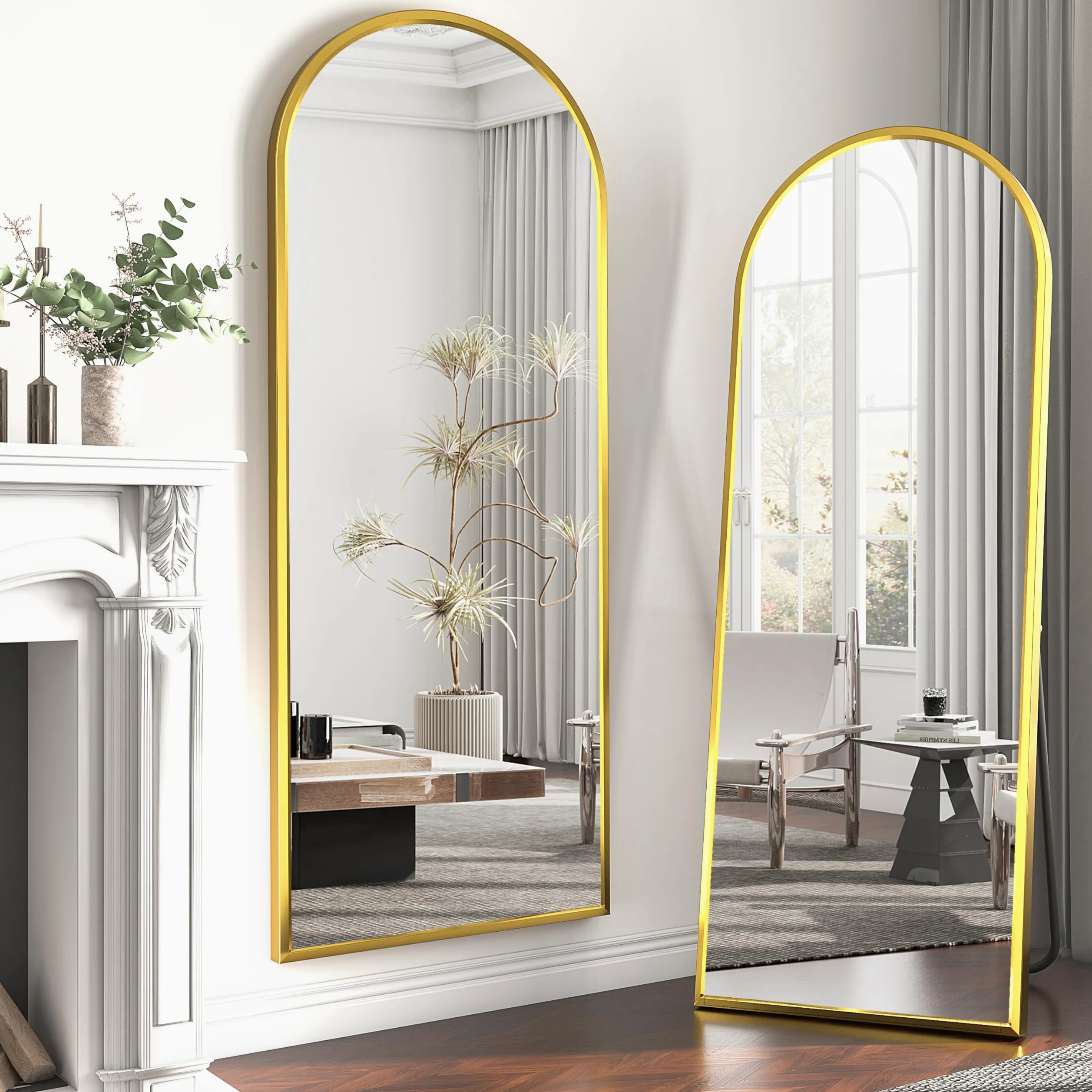 Bogen - Specchio a figura intera, 165 x 60 cm, grande specchio da terra, curvo, da parete, per camera da letto, spogliatoio (oro)