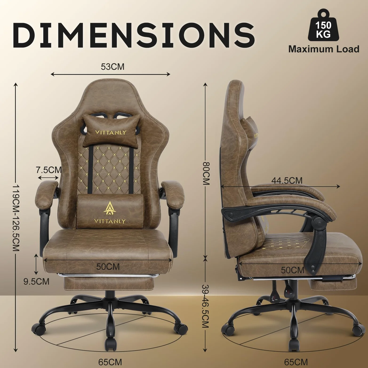 Vittanly Sedia da gioco con cuscino primaverile, ergonomica, per gaming, con poggiatesta, cuscino lombare e poggiapiedi, regolabile in altezza, sedia da gioco, sedia da ufficio, 150 kg, marrone