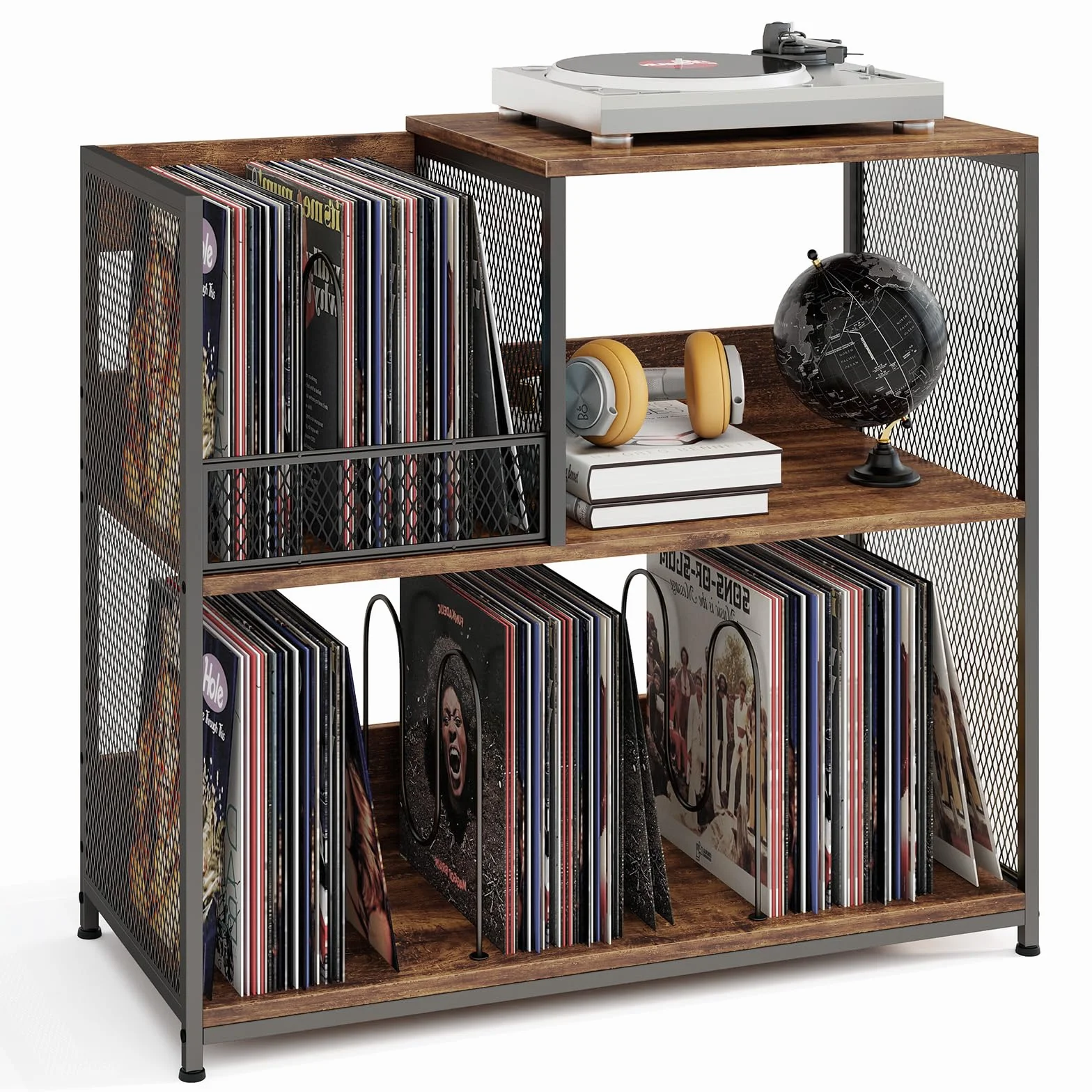 GIANTEX Supporto per giradischi a 3 livelli, espositore per dischi in vinile per 300 album, 3 divisori rimovibili, portadischi per album, telaio in metallo, libreria scaffale per soggiorno, studio