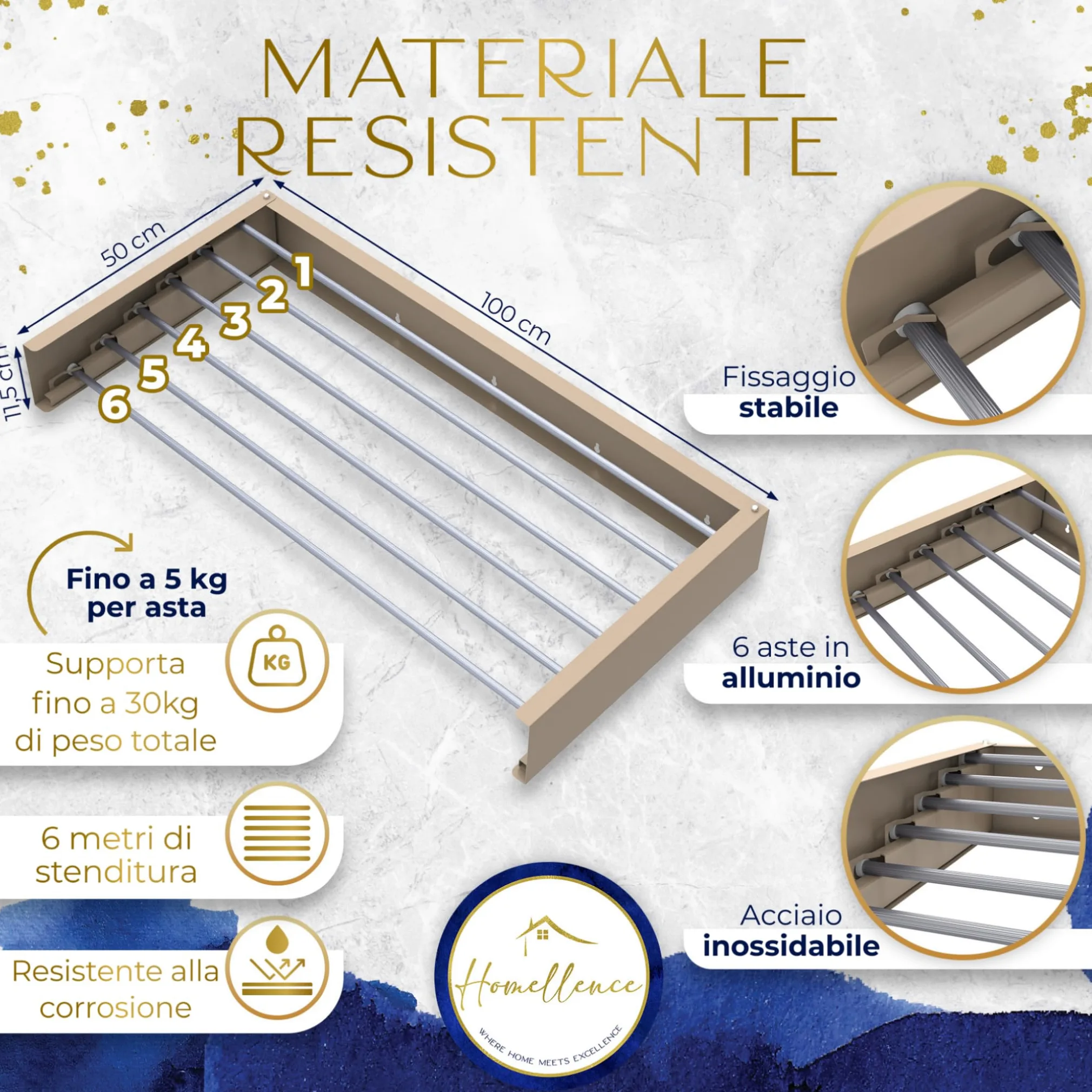 Homellence | Stendibiancheria a Parete | Stendino Salvaspazio Pieghevole da Muro | Stendino Estensibile per Interni ed Esterni | Bagno, Lavanderia | Acciaio Inox Resistente (Beige/Cappuccino, 100 cm)