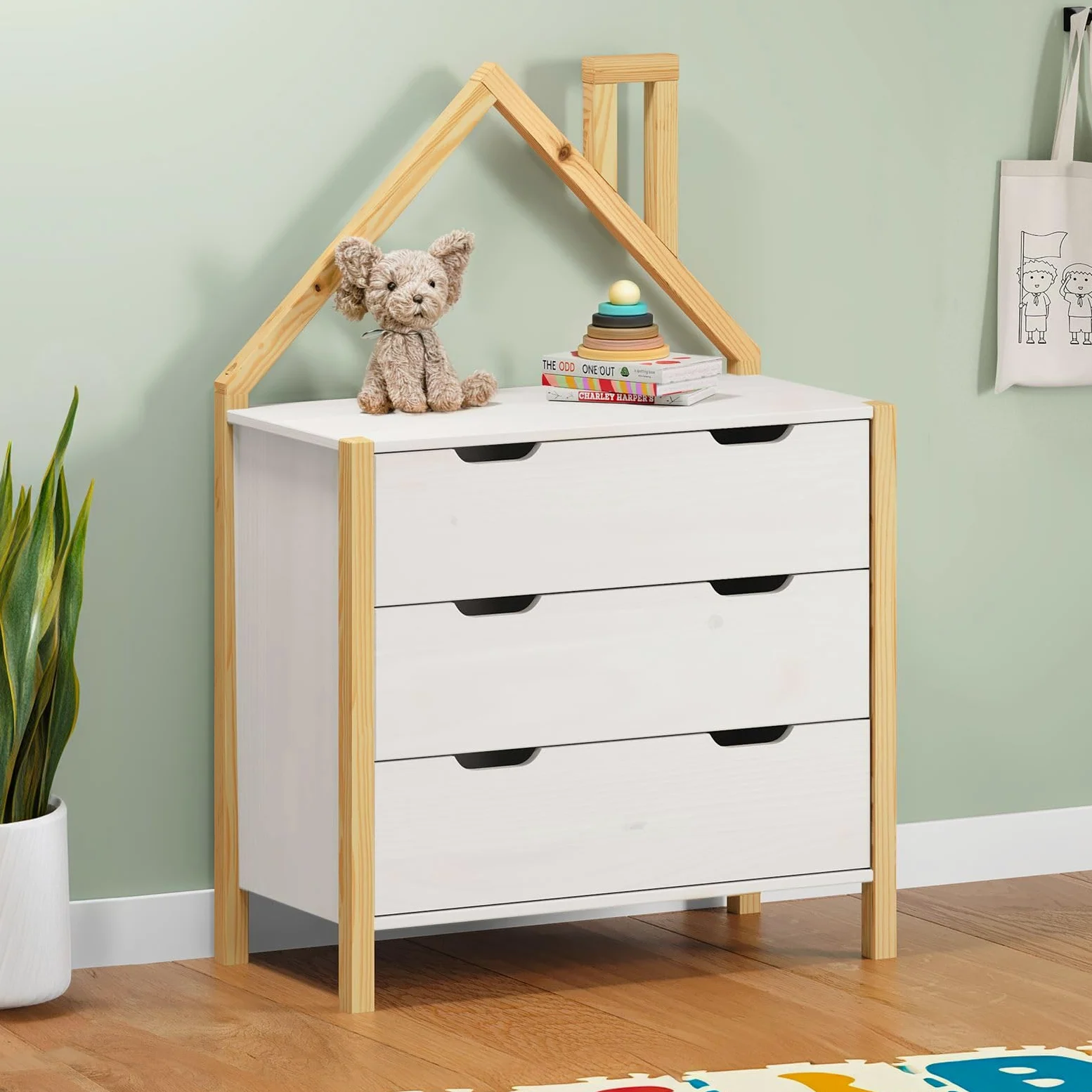 IDIMEX Cassettiera ELANO a forma di casa – bianco in legno di pino massiccio, 3 cassetti grandi, per cameretta dei bambini, armadio, cassettiera