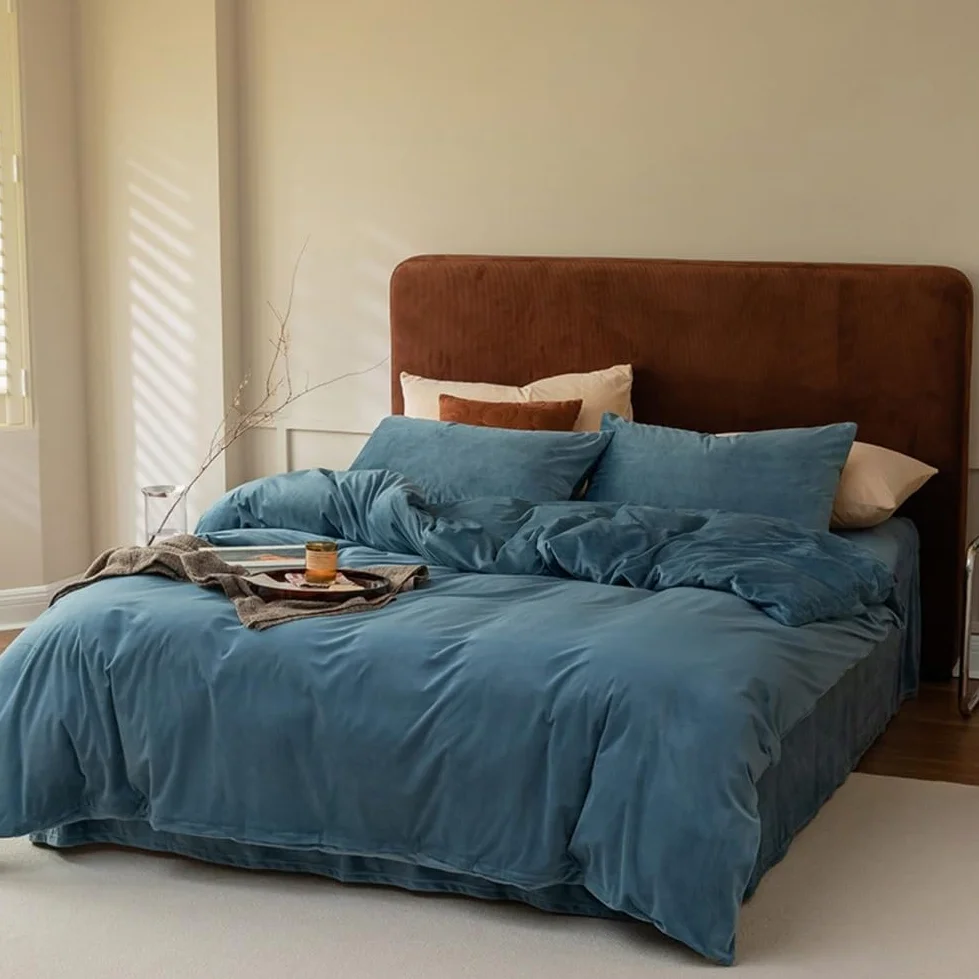 Set copripiumino in velluto, 4 pezzi, con copripiumino, lenzuolo piano e federe con busta, per letto Queen/King Size