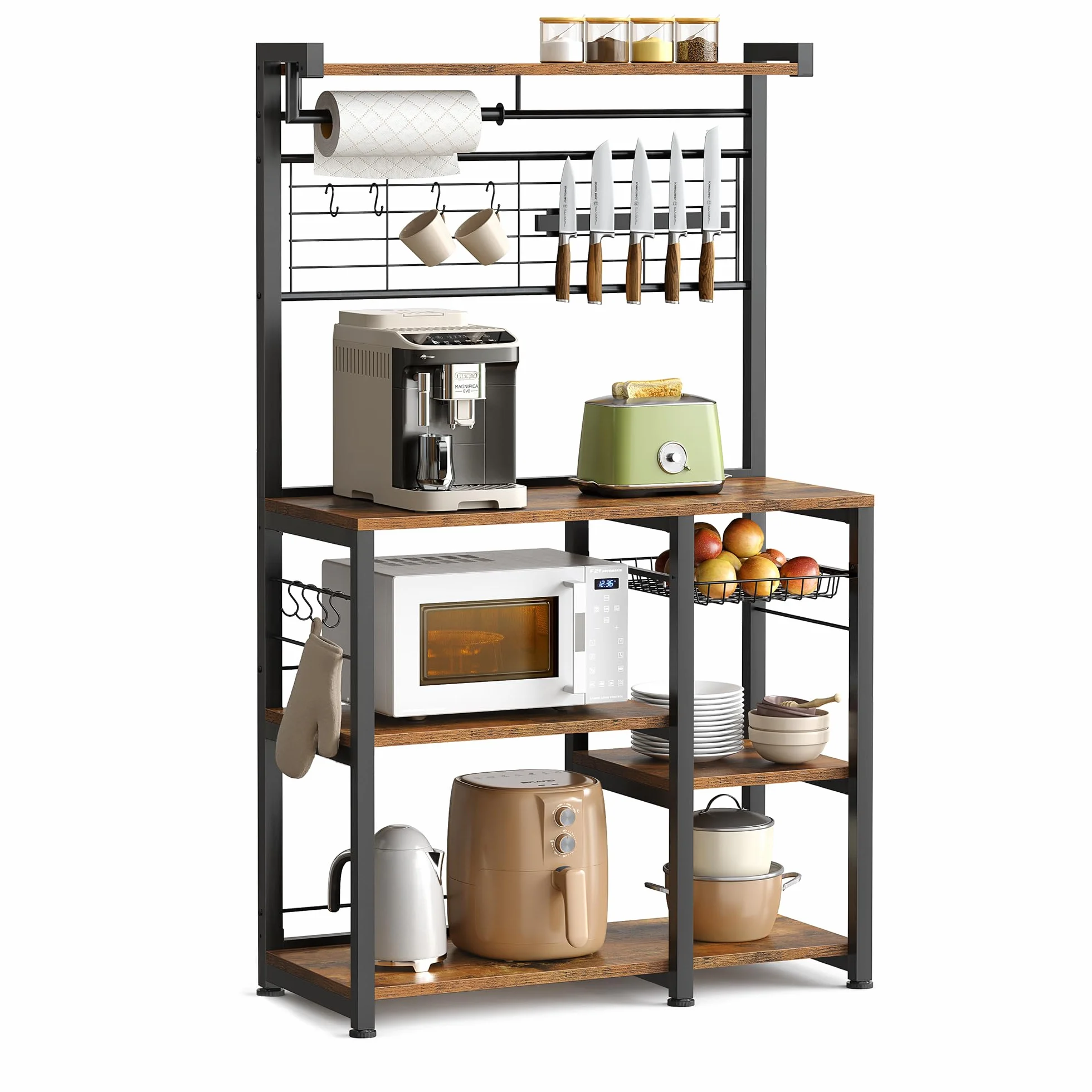 VASAGLE Scaffale Cucina, Scaffale per Microonde, Mobile Cucina con Portacoltelli Magnetico, Cestino, Portarotolo, 12 Ganci, Marrone Vintage e Nero KKS026B01