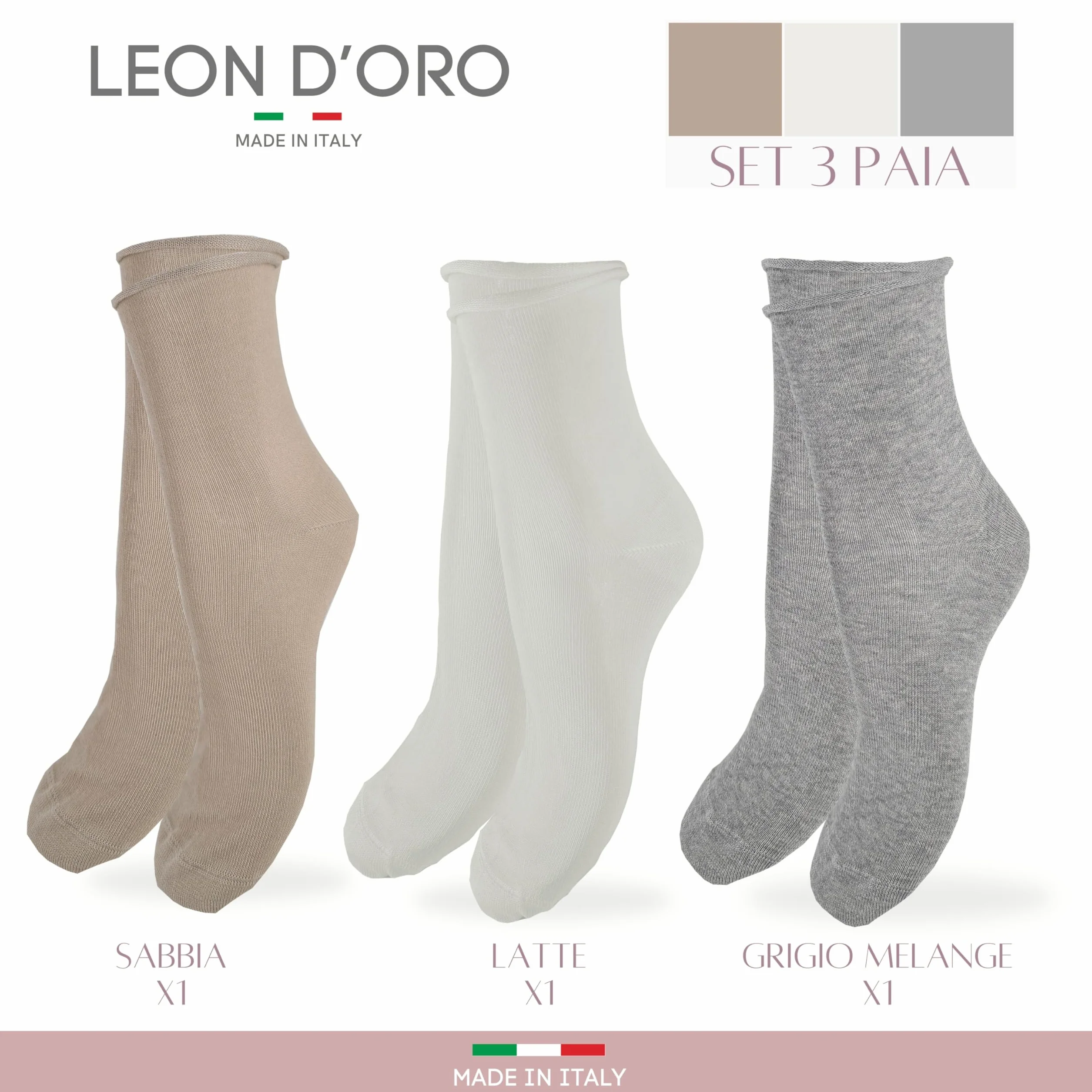 LEON D'ORO Calzini SENZA ELASTICO Donna COTONE LEGGERO Calze Donna FILO DI SCOZIA Made in Italy