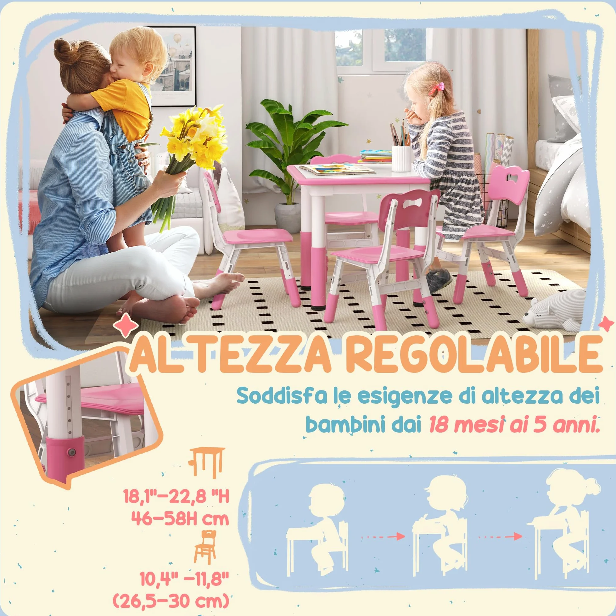 AIYAPLAY Set Tavolino e Sedie per Bambini 18-60 Mesi, Design Salvaspazio, Altezza Regolabile, Tavolo per Bambini con Lavagna per Cameretta, in Legno e PP, per 4 Bambini, Rosa