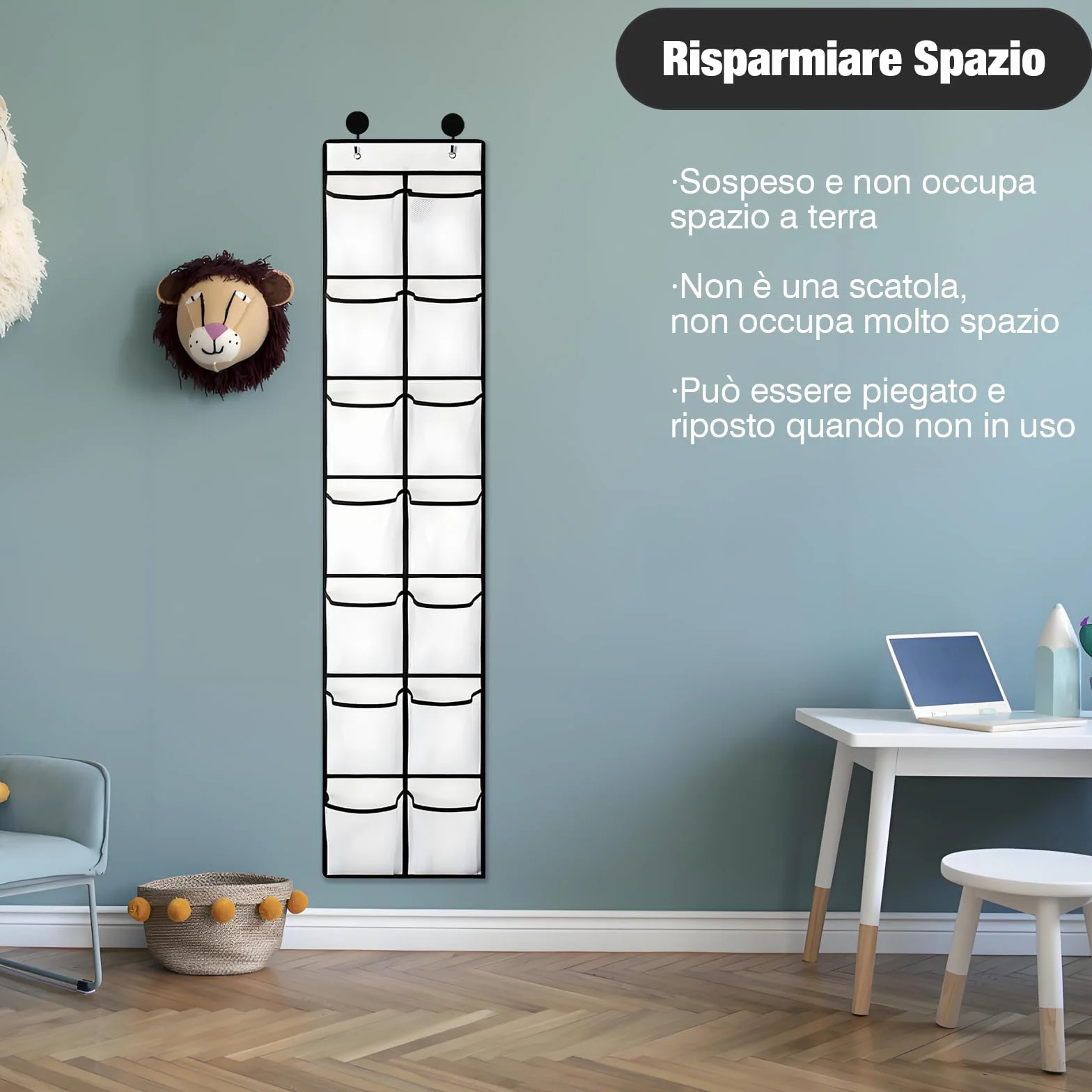 Pieghevole Organizer da Appendere con Gancio, Porta Scarpe a 12 Scomparti, Senza Perforazione