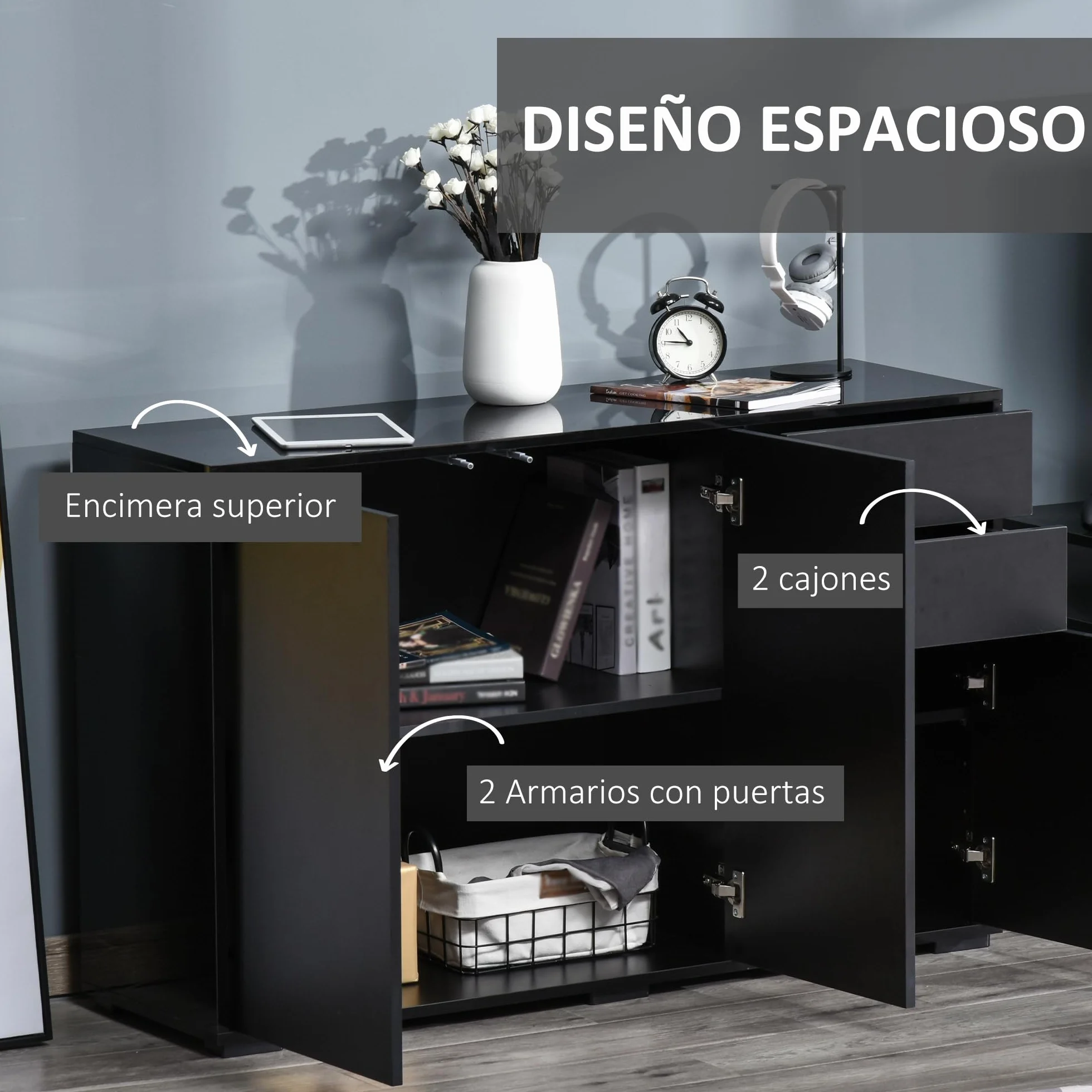 HOMCOM Mobiletto Multiuso Nero con 2 Cassetti e 2 Armadietti ad Apertura a Pressione, 117x36x74cm