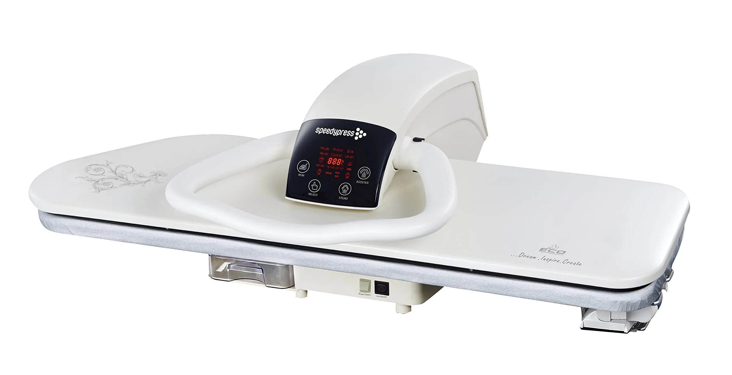 Pressa da Stiro a Vapore Professionale Impieghi Gravosi Bianco 101HD con Supporto/Treppiedi di Speedypress, 101cm; 2.600 watt (+ Ferro, Filtro per Acqua, Copertura di Ricambio e Schiuma Sottosmaltata)