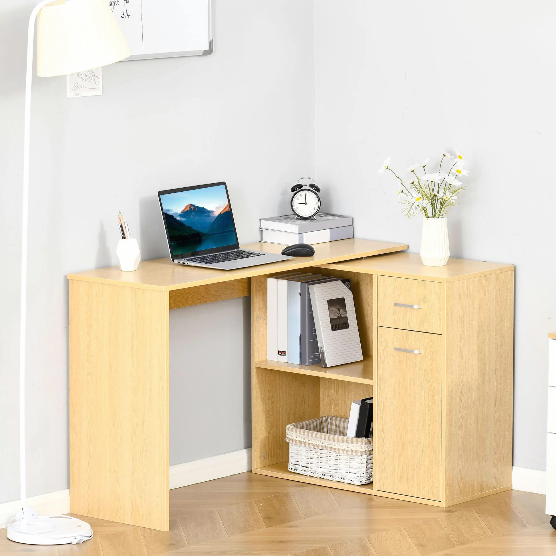 HOMCOM Scrivania Angolare per Studio 2 Cassetti 117x82x74cm Rovere Legno | per Ufficio, 2 Ripiani, Scrivania Moderna