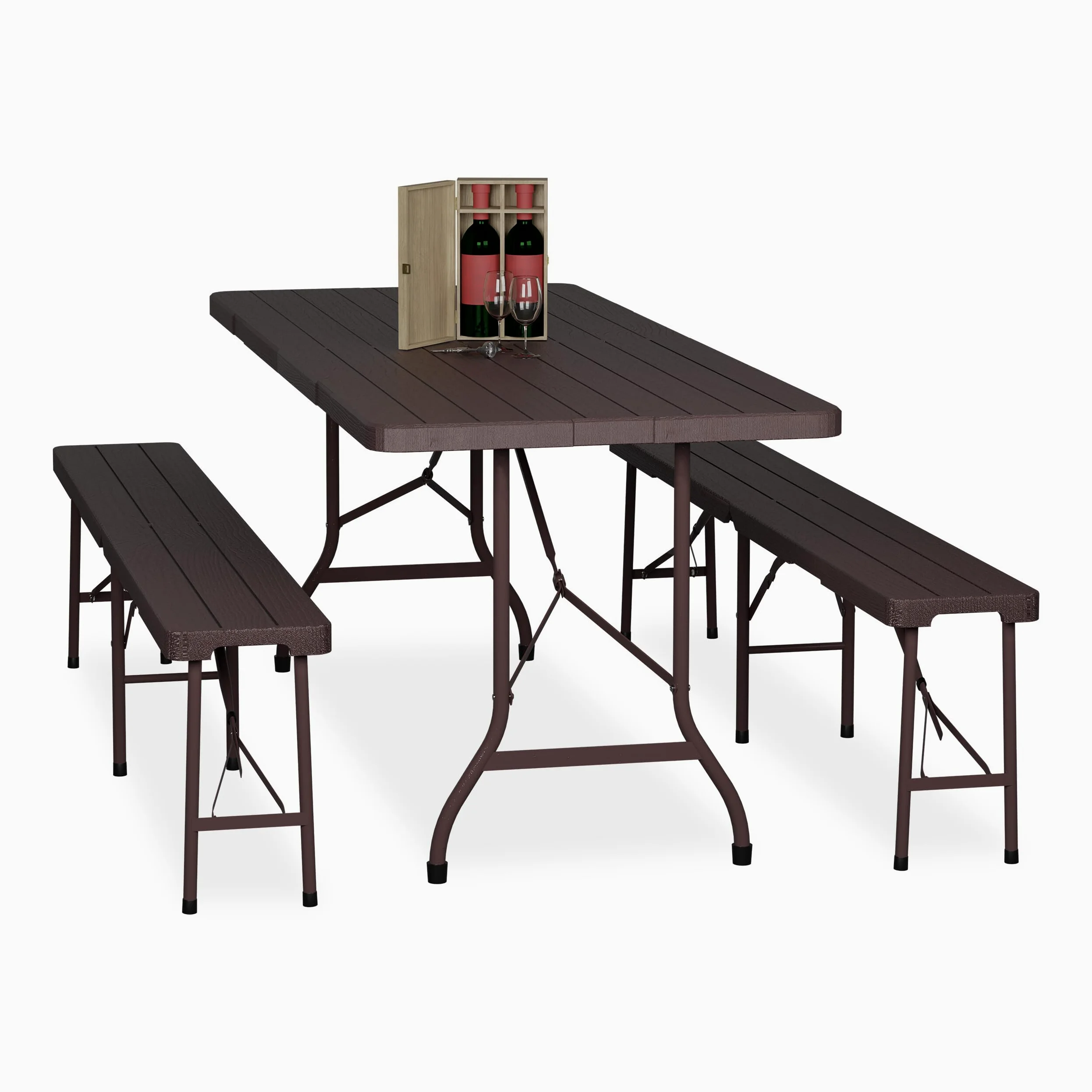 Relaxdays Tavolo da Birreria con Panche, Set da Giardino, Panchine e Tavolino 180 cm Pieghevoli, Aspetto Legno, Marrone