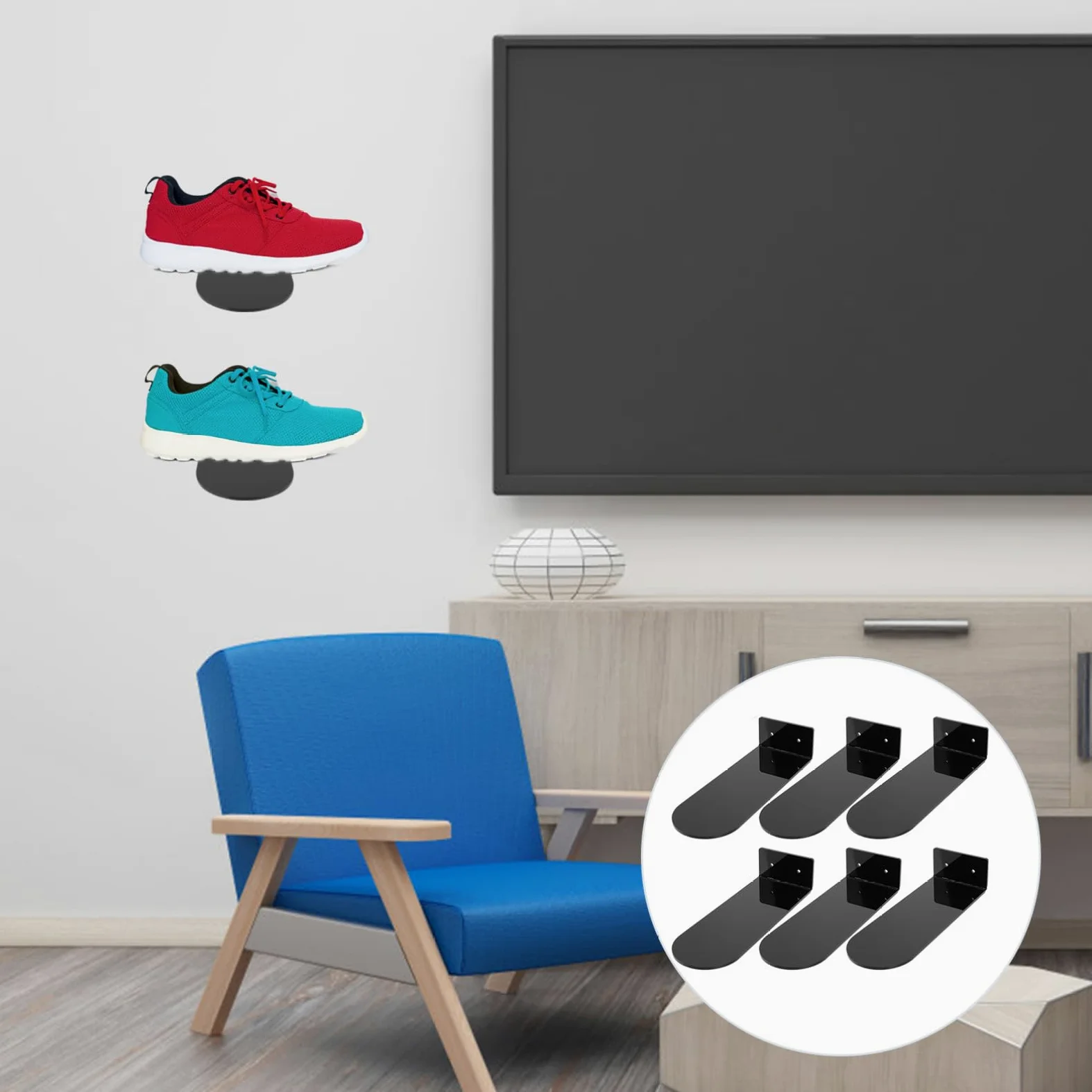 SHINEOFI Set da 6 Mensole Fluttuanti per Scarpe in Acrilico Nero Montaggio a Muro e Bordi Arrotondati, Espositore Raffinato per Scarpe Collezione e Attività Fisica