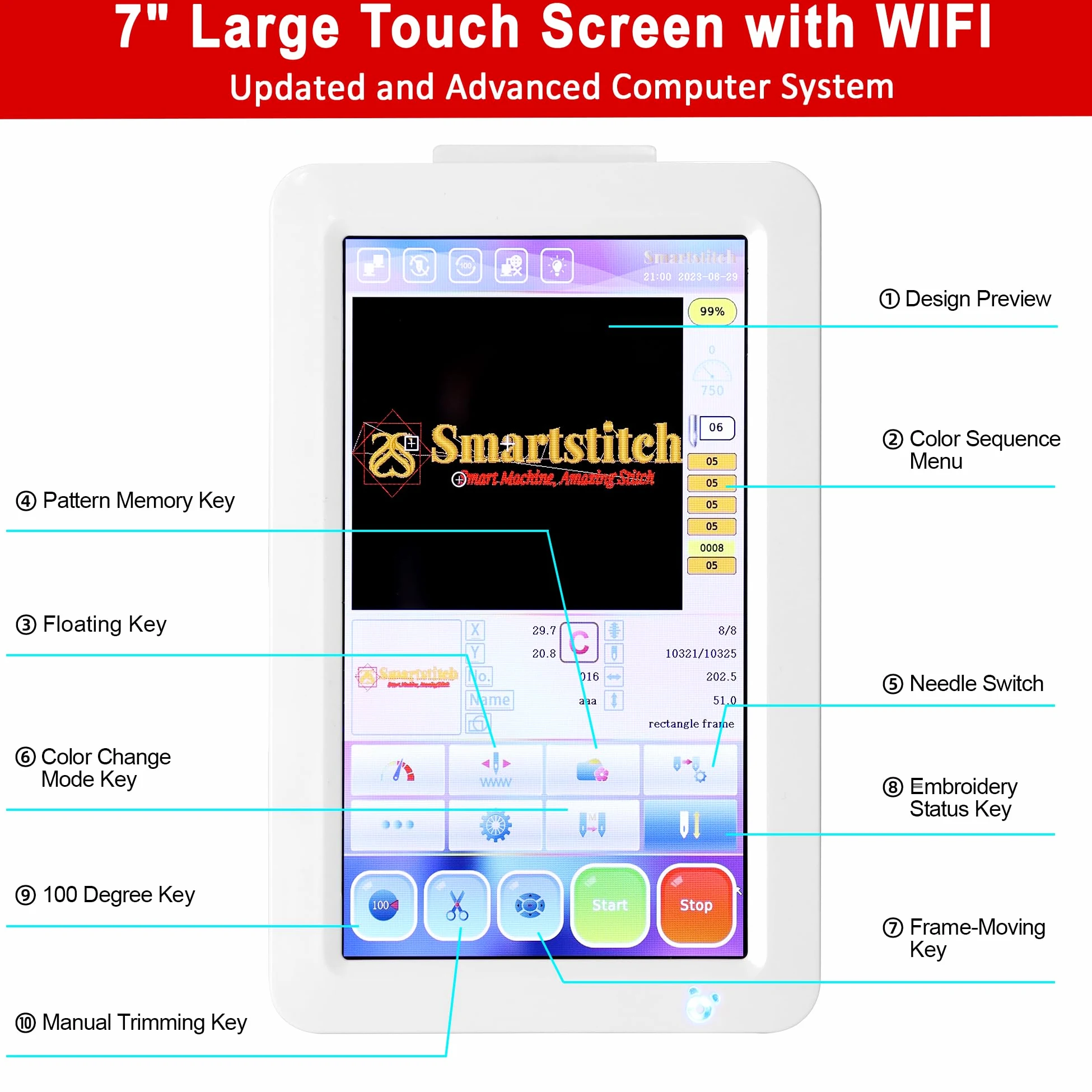 Smartstitch S-1001 Macchina da Ricamo Aggiornata 10 Aghi,Velocità Massima 1200SPM,Touch Screen 7",Area di Ricamo 24x36cm(9.5x14.2"),Macchine da Ricamo Commerciali per Tessuti Piatti,Cappelli,Magliette