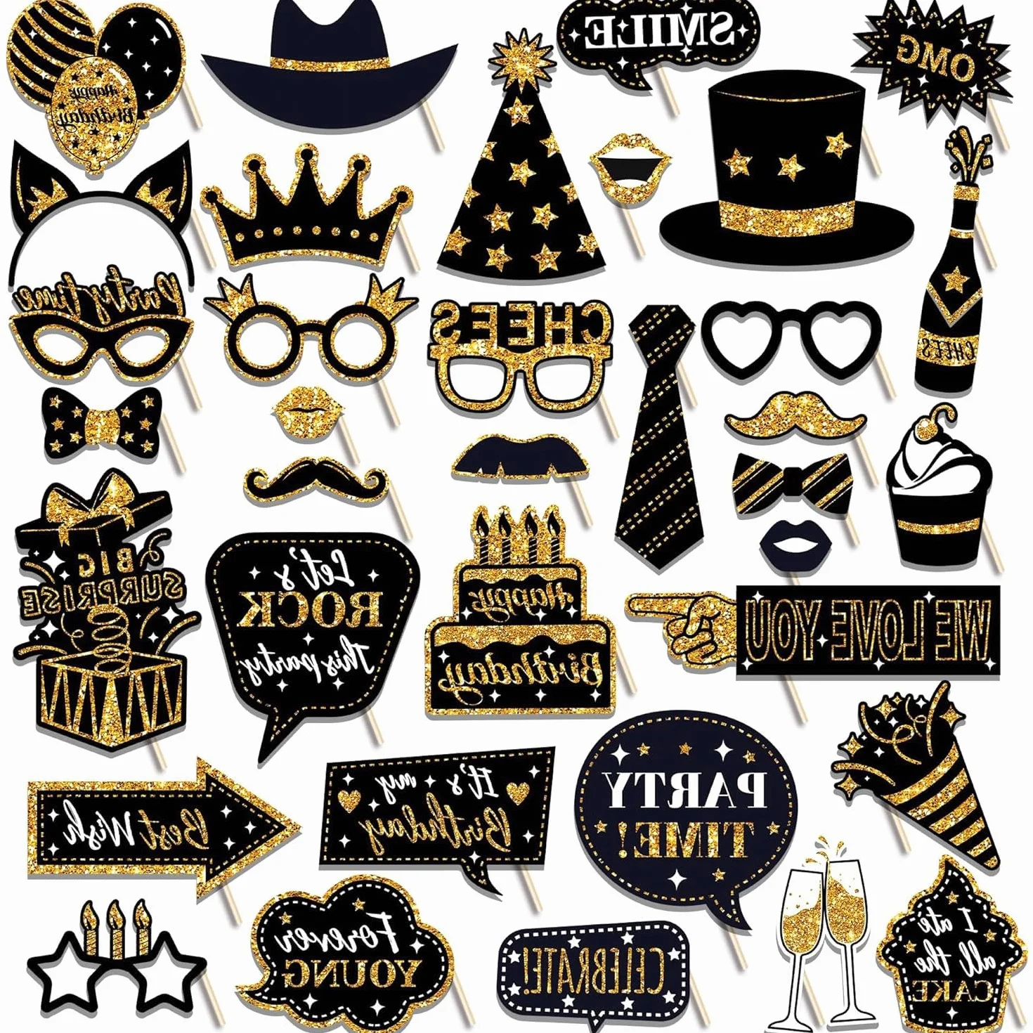 36 Pezzi Accessori Fotobox Feste, Decorazioni Autoscatto Tema Oro e Nero con Bastoncini e Adesivi per Compleanno, Matrimonio, Natale, Halloween, Laurea – Kit Foto Divertenti per Party
