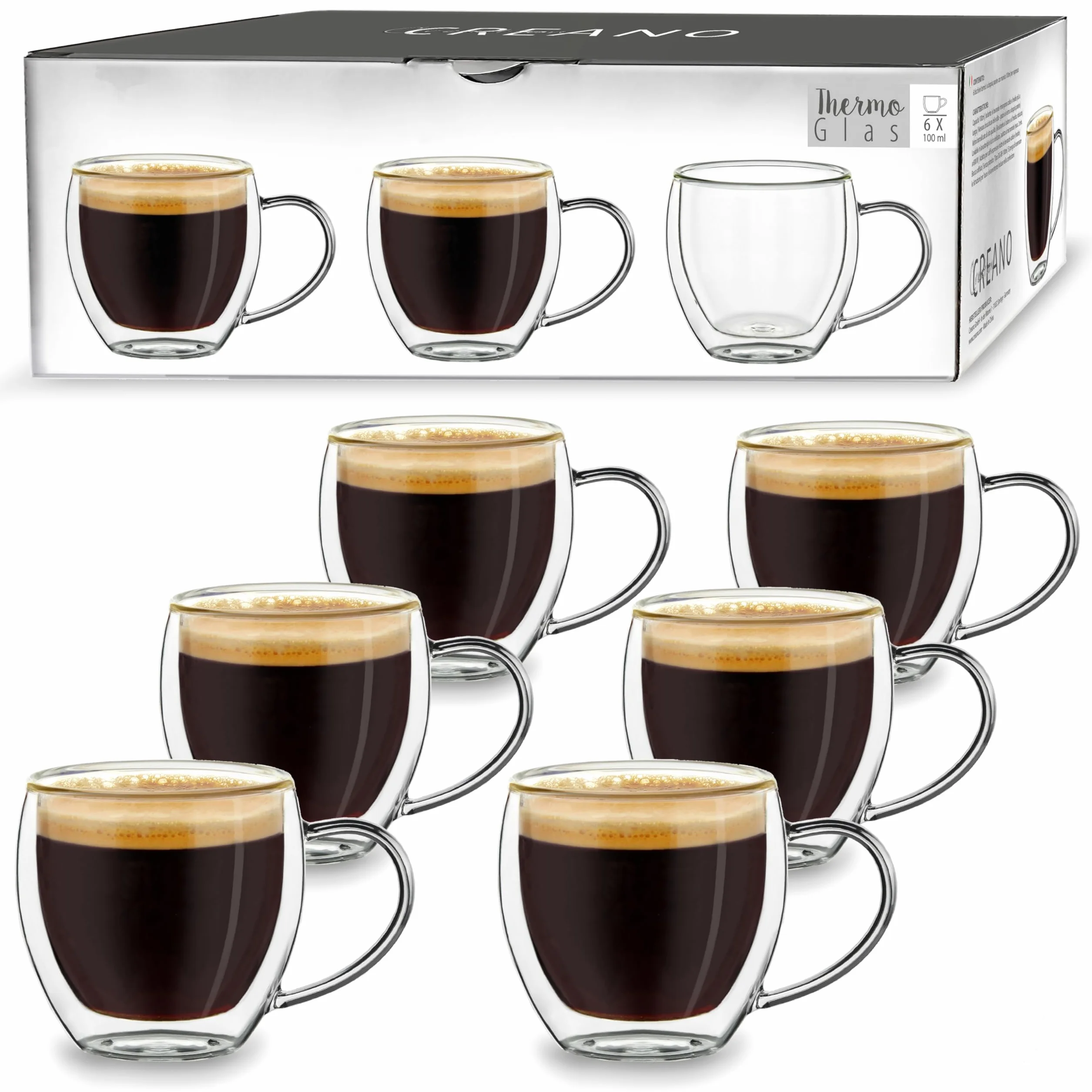 Set 6 Tazze Espresso 100ml Doppia Parete Vetro Borosilicato Effetto Galleggiante Bicchieri Termici Isolanti