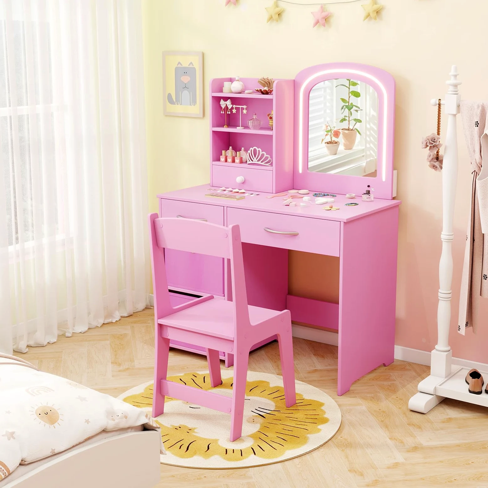 LIFEZEAL Specchiera Trucco Bambina, Specchio con Luci a 2 Colori, Toeletta Trucco Bambina, con Sedia, Postazione, con Cassetti e Scaffali, Tavolo per Bimbi 3 Anni + (rosa)