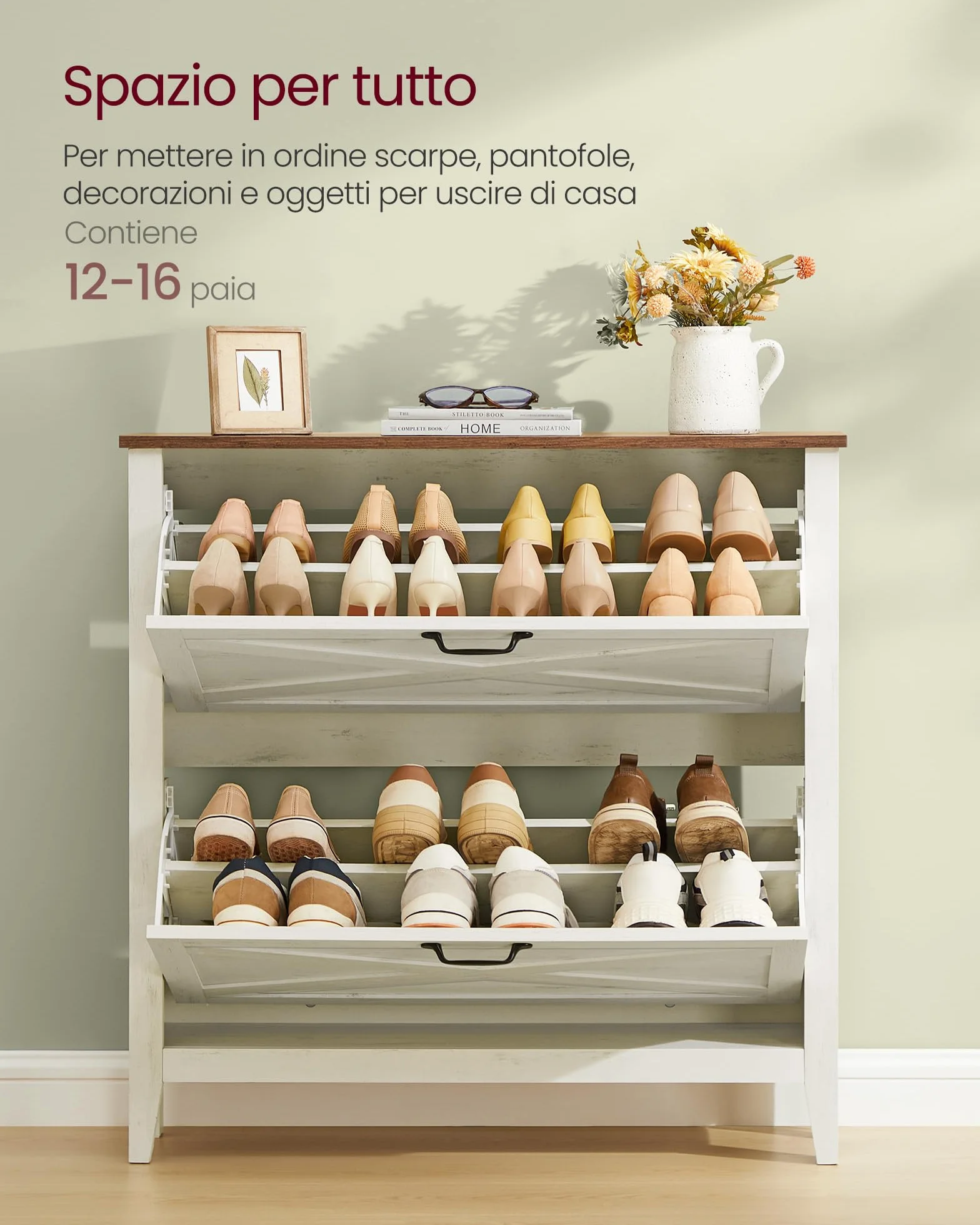 VASAGLE LIRY Collezione Scarpiera con 2 Scomparti a Ribalta Slim Bianco Vintage