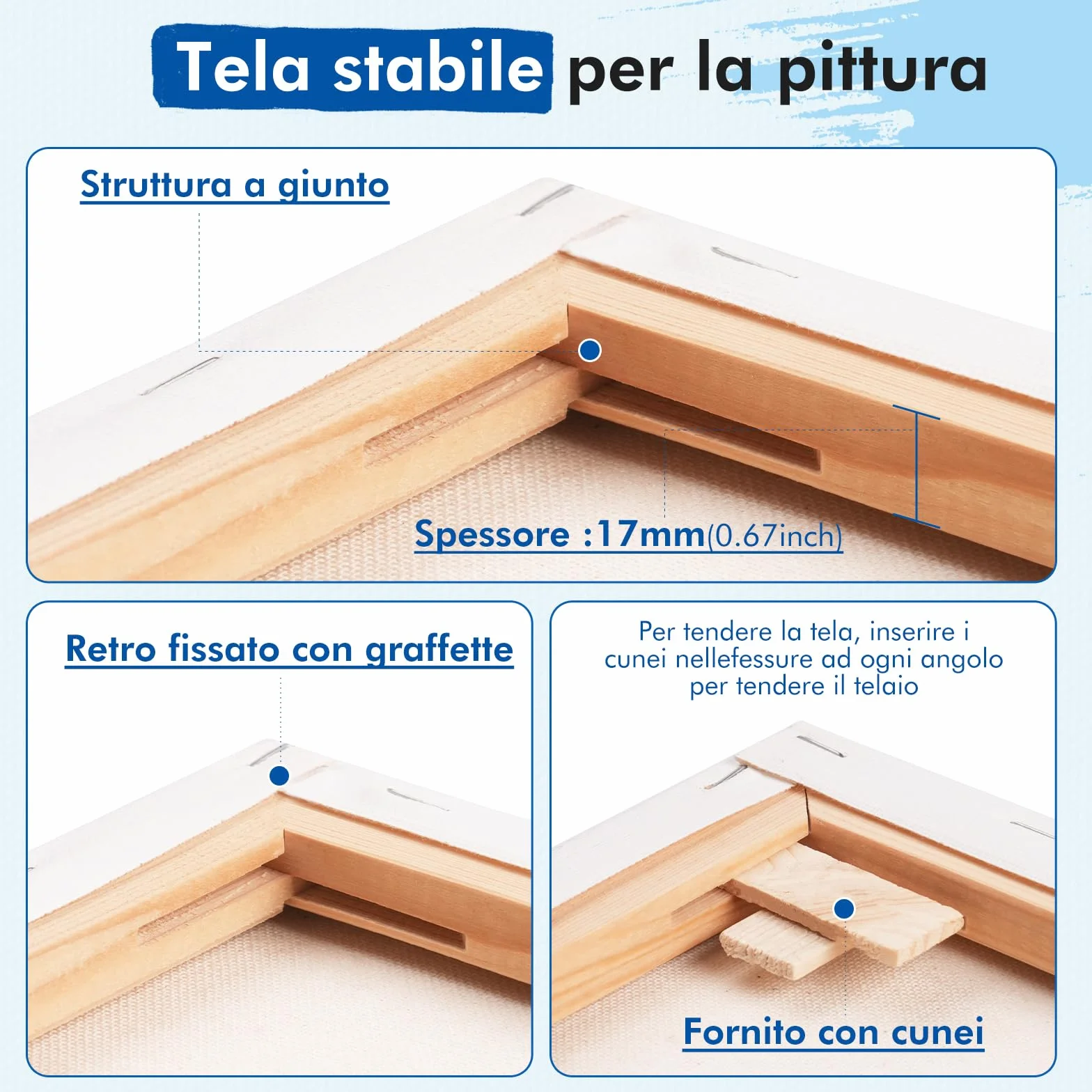 Tela da Dipingere 50 x 70 cm Set di 3 Tele Bianche 100% Cotone 280 g/m² Spessore 1.7 cm per Acrilici Olio