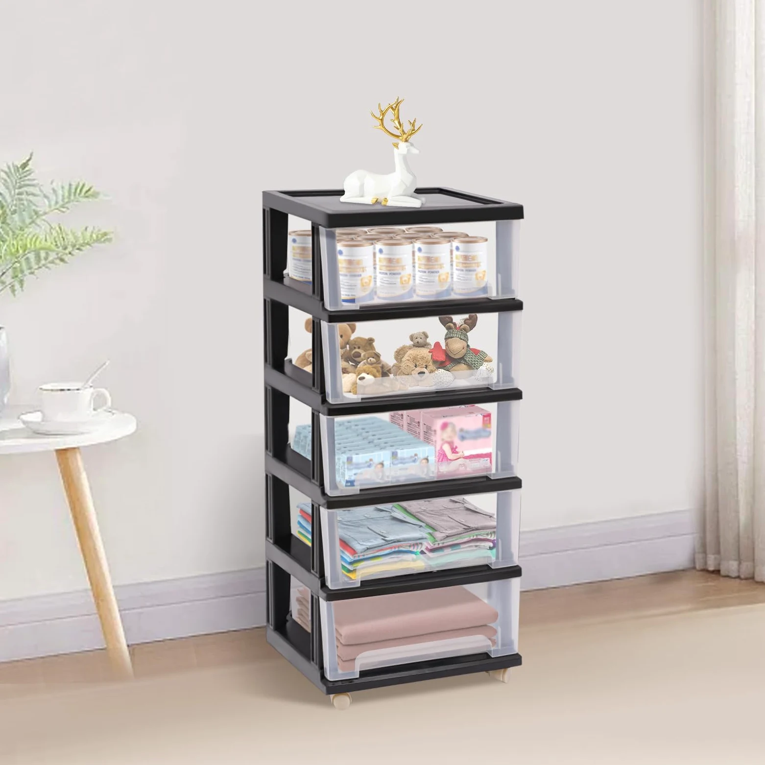 Cassettiera in plastica con ruote, 5 cassetti profondi, manico a scomparsa, per camera da letto, bagno, scuola e ufficio, design a scatto antiscivolo, 2 aste fisse, organizer per cassetti