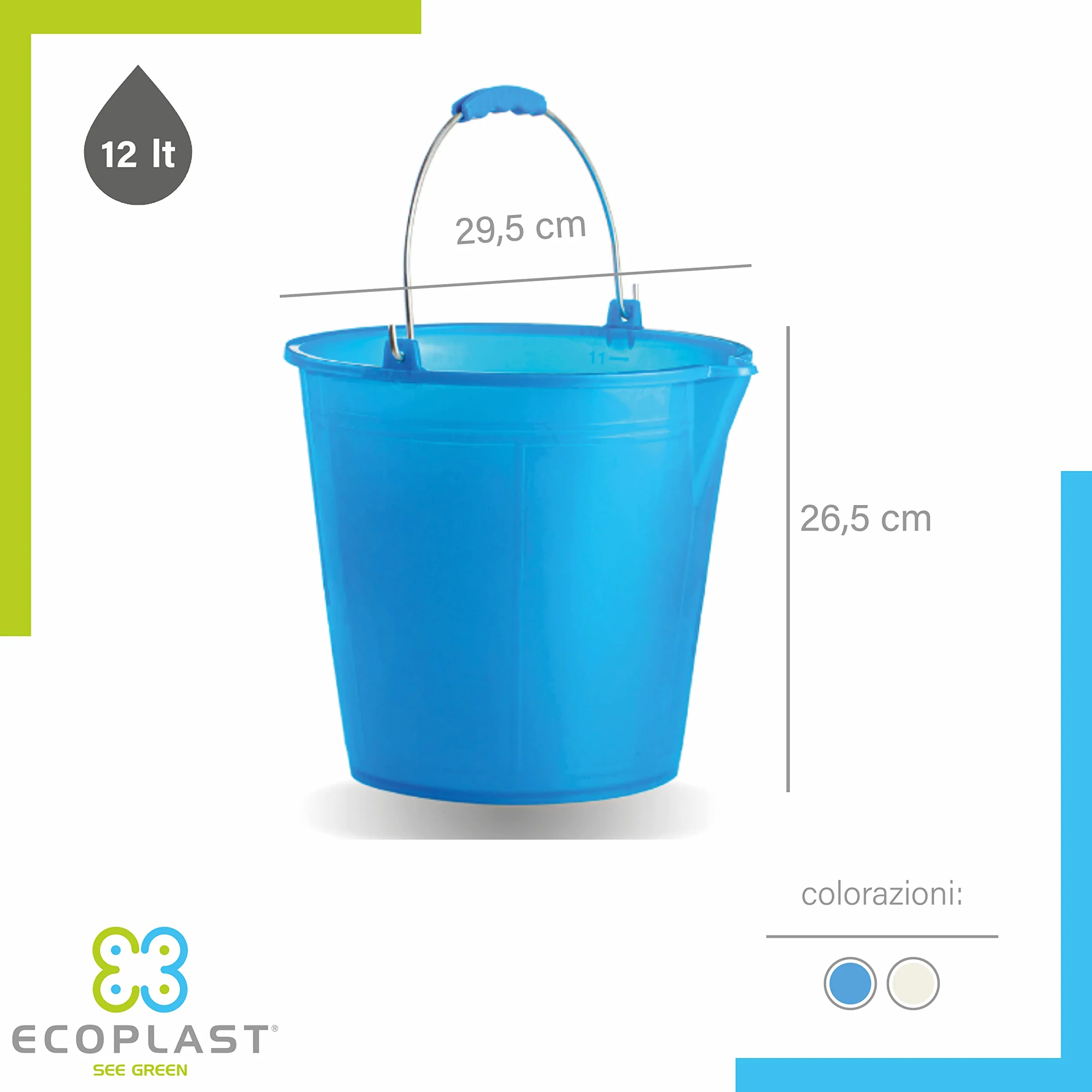 Ecoplast | Secchio 12 Litri con Manico Ergonomico e Becco, Azzurro, ø 29,5, Made in Italy