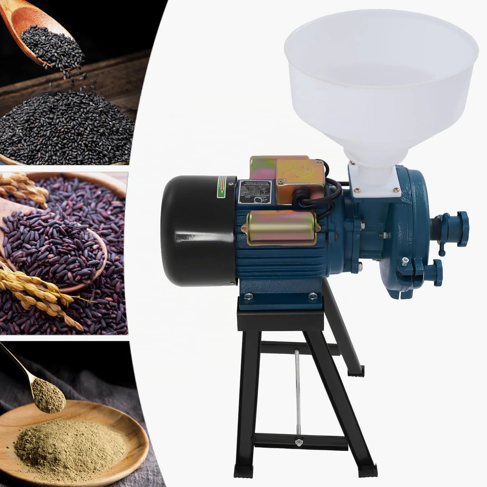 Mulino Elettrico Grano,Macina a Secco con Imbuto,Macinino Trituratore Smerigliatrice per cereali Commerciale Meccanico Elettrica può Riso Soia Sorgo e Mais 50-75kg/h(Blu)