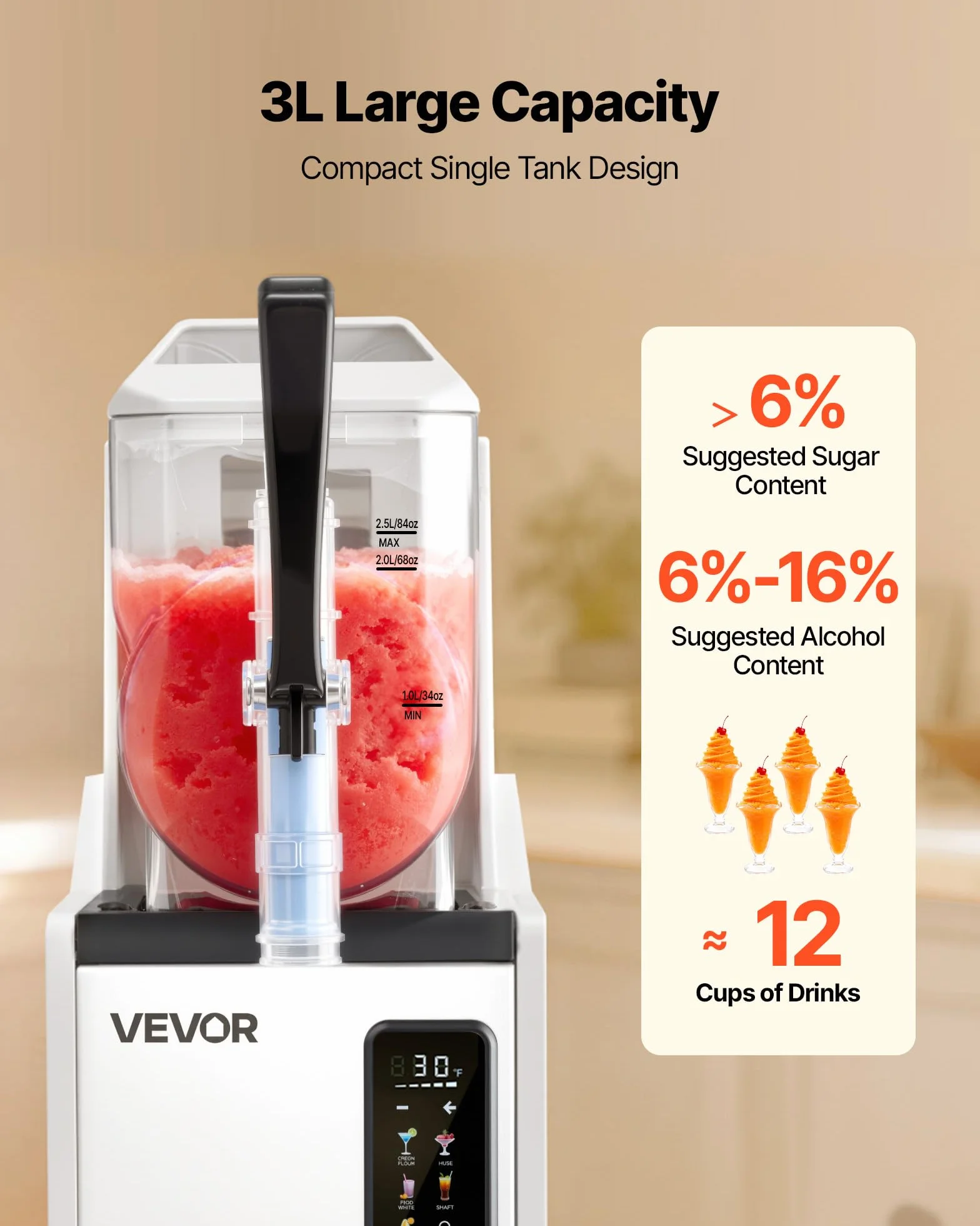 VEVOR Macchina per Granite 350 W 3 L Serbatoio Singolo Autopulente per Frappé, Milkshake, Frullati