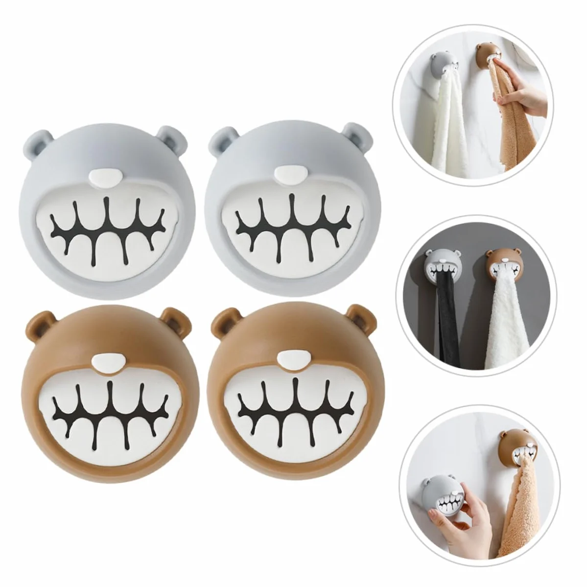 Ganci Portasciugamani Adesivi Set 4 Pezzi Orsetto Decorativo Parete Grigio Marrone