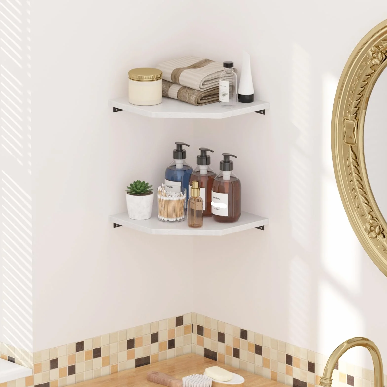 Set di 2 Mensole Angolari da 30 cm, Profondità 33,7 cm, Bianco