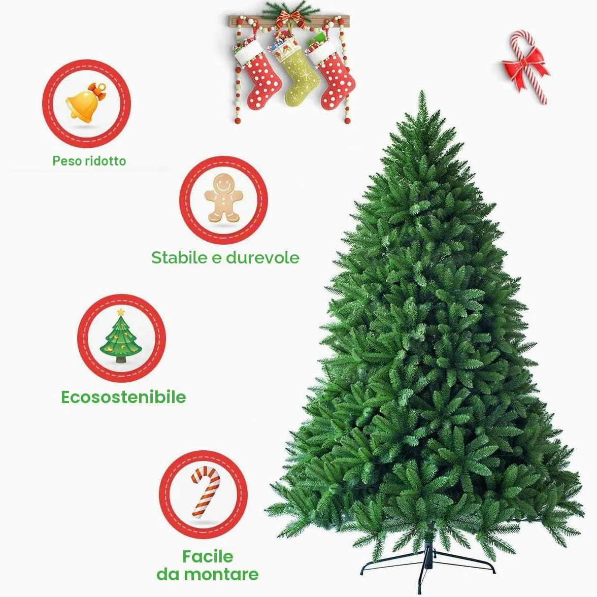 FANTASK - Albero di Natale artificiale, albero in PVC con sistema pieghevole, aghi in PVC con supporto in metallo, ideale per Natale, albero di Natale perfetto per casa, ufficio, negozio (180 cm)