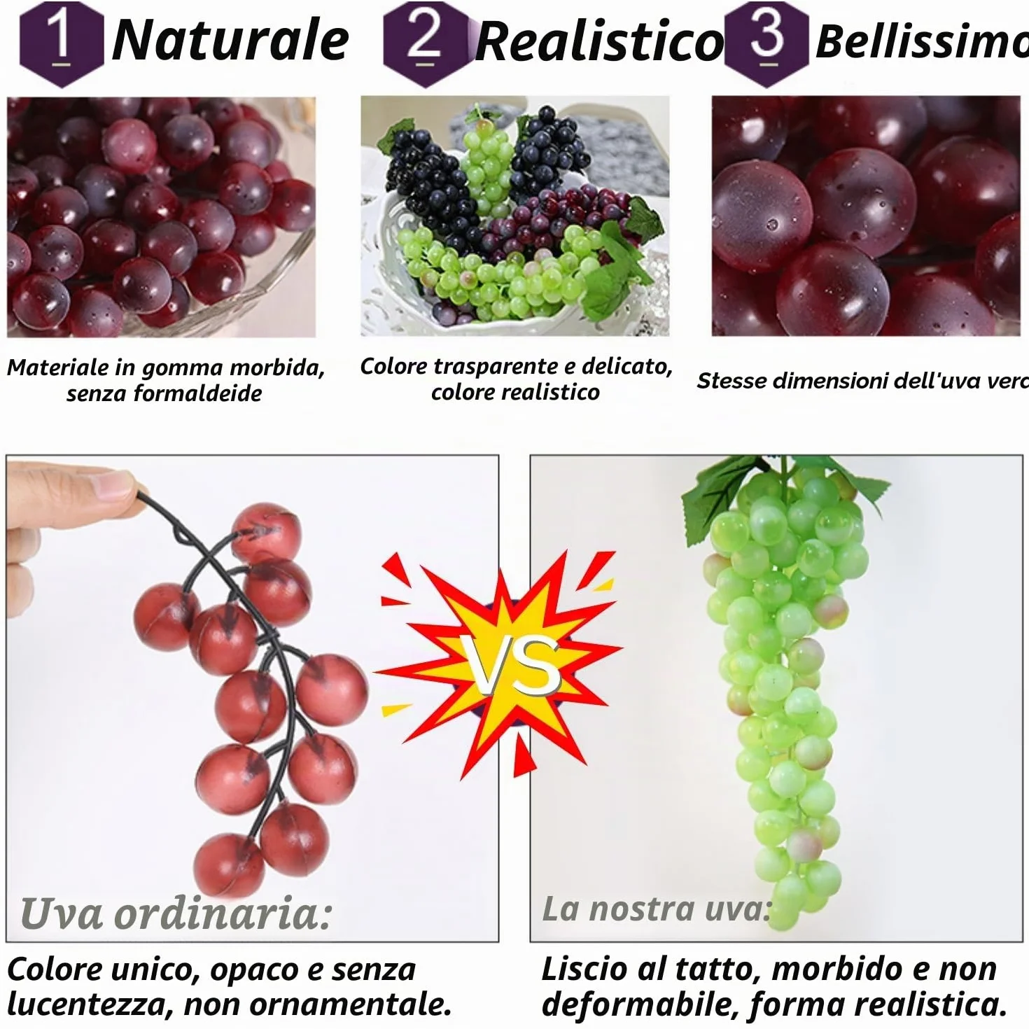 Uva Artificiale 5 Pezzi Tokaneit, Grappoli Decorativi in Gomma Smerigliata per Presentazione Frutta e Vino
