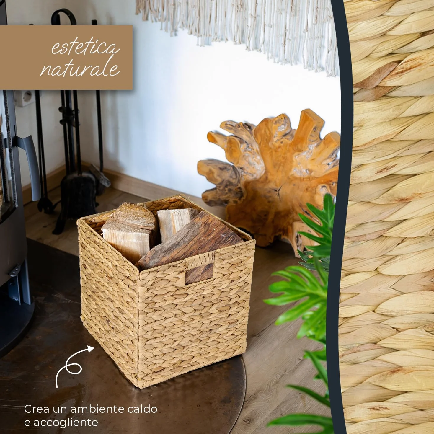 HMF Cestino portaoggetti da scaffale compatibile con Kallax, cestino intrecciato in giacinto d’acqua con manici, inserto per scaffali a cubi | Set da 2 | 32 x 34,5 x 32 cm | Naturale