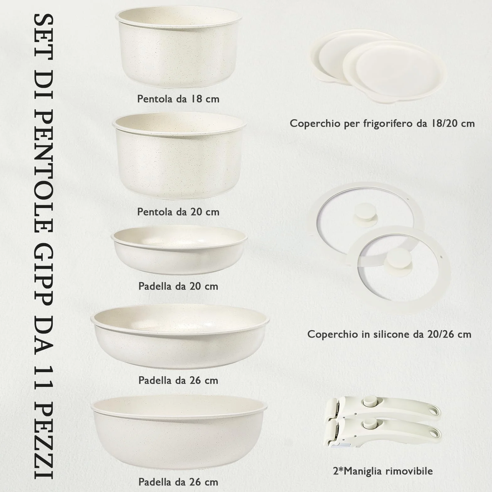 GiPP Set Pentole Padelle Ceramiche Antiaderenti 11 Pezzi Manico Amovibile Compatibile Induzione Forno Lavastoviglie Bianco